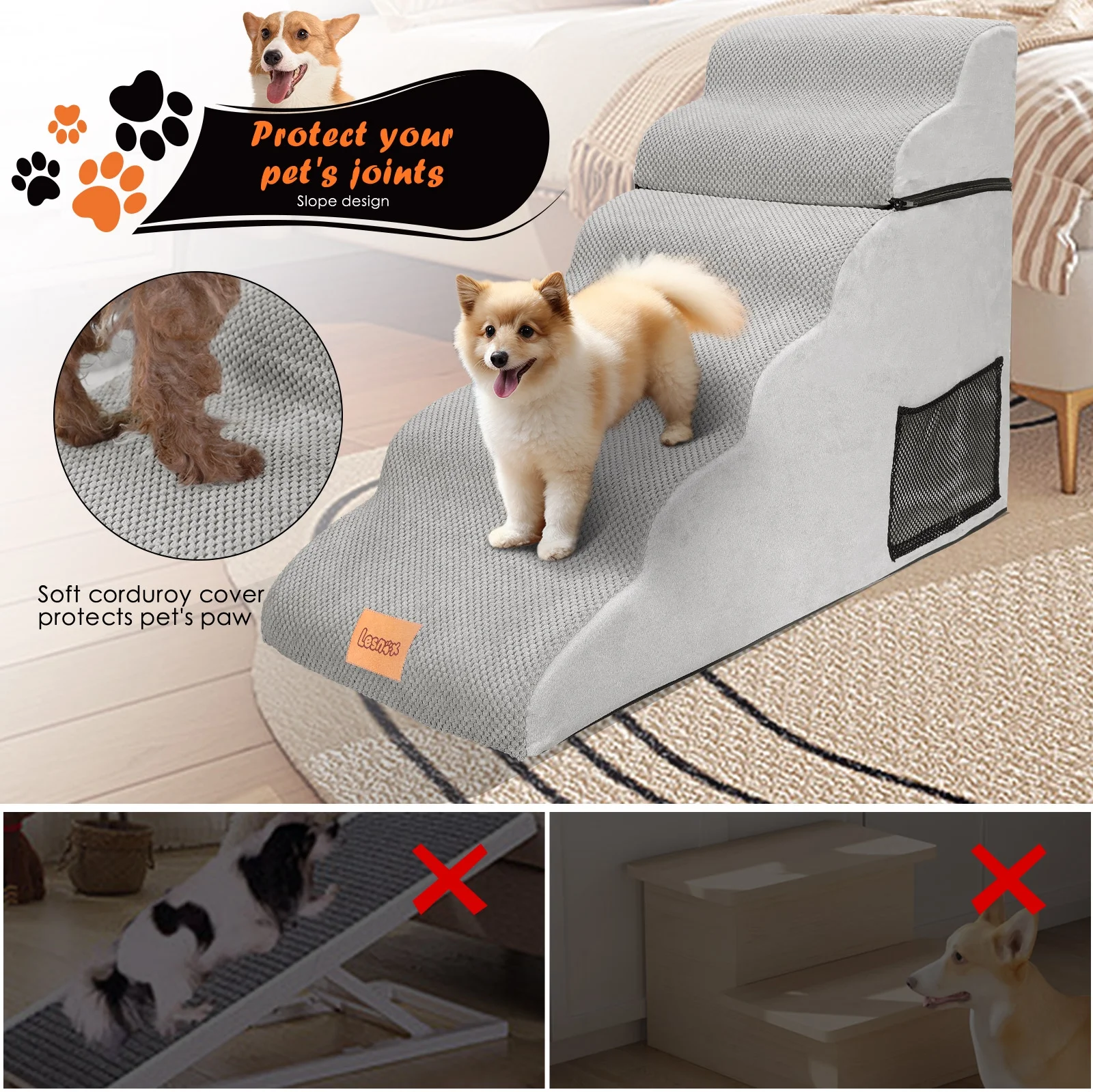 TOPMART 6 Step Pet Stairs for Dogs,Sponge Dog Stairs for High Beds,27.6in High,Grey