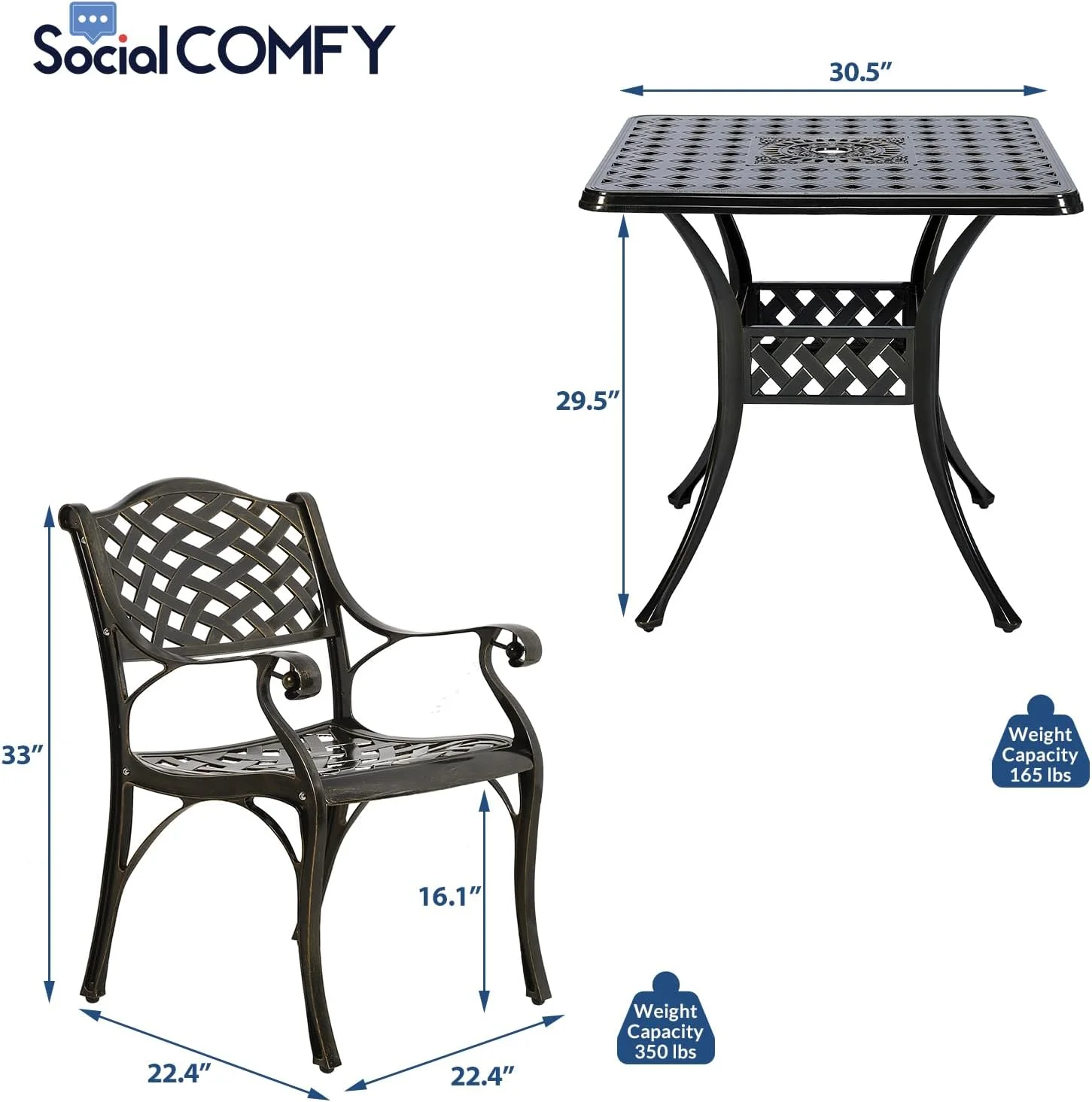 SOCIALCOMFY 5-Piece Outdoor Patio Dining Set, All-Weather Cast Aluminum Furniture Conversation Set, Include 4 Chairs and a 30.3 inch Square Table with Umbrella Hole for Balcony Lawn Garden Backyard
