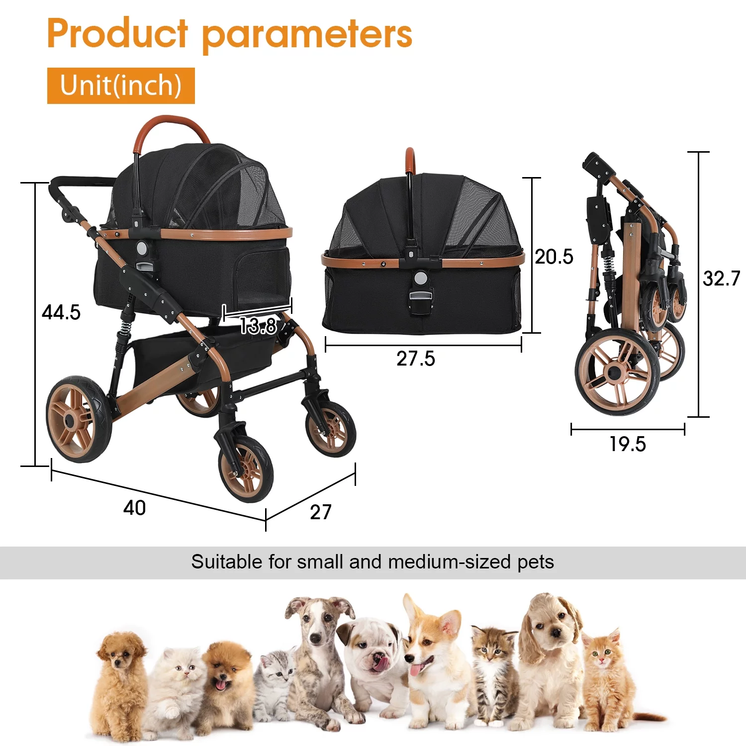 BestPet Pet Stroller Premium 3-in-1 Multifunction 4 wheels Dog Cat Stroller for Large Medium Dogs Cats Aluminium Frame Folding Lightweight Travel Stroller with Detachable Carrier,66lbs Capacity, Black