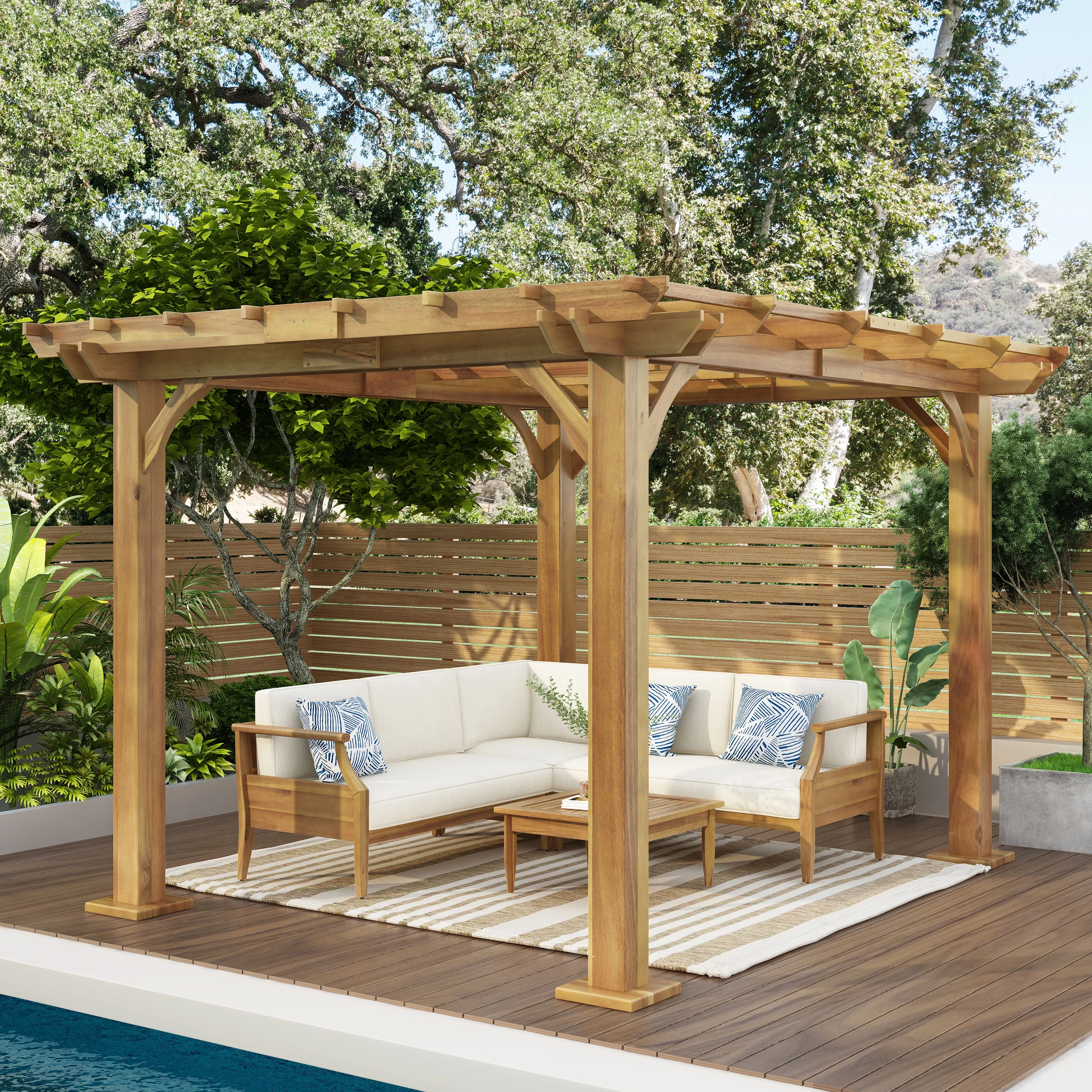 Holmwood Acacia Wood Outdoor 12' x 10' Pergola, Teak