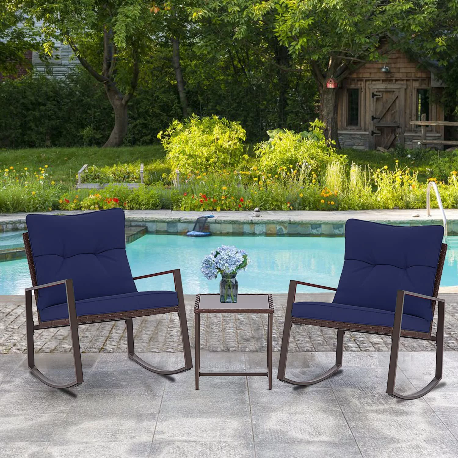 3 Piece Outdoor Rocking Bistro Set Brown Wicker Porch Chairs Conversation Sets with Glass Coffee Table Dark Grey