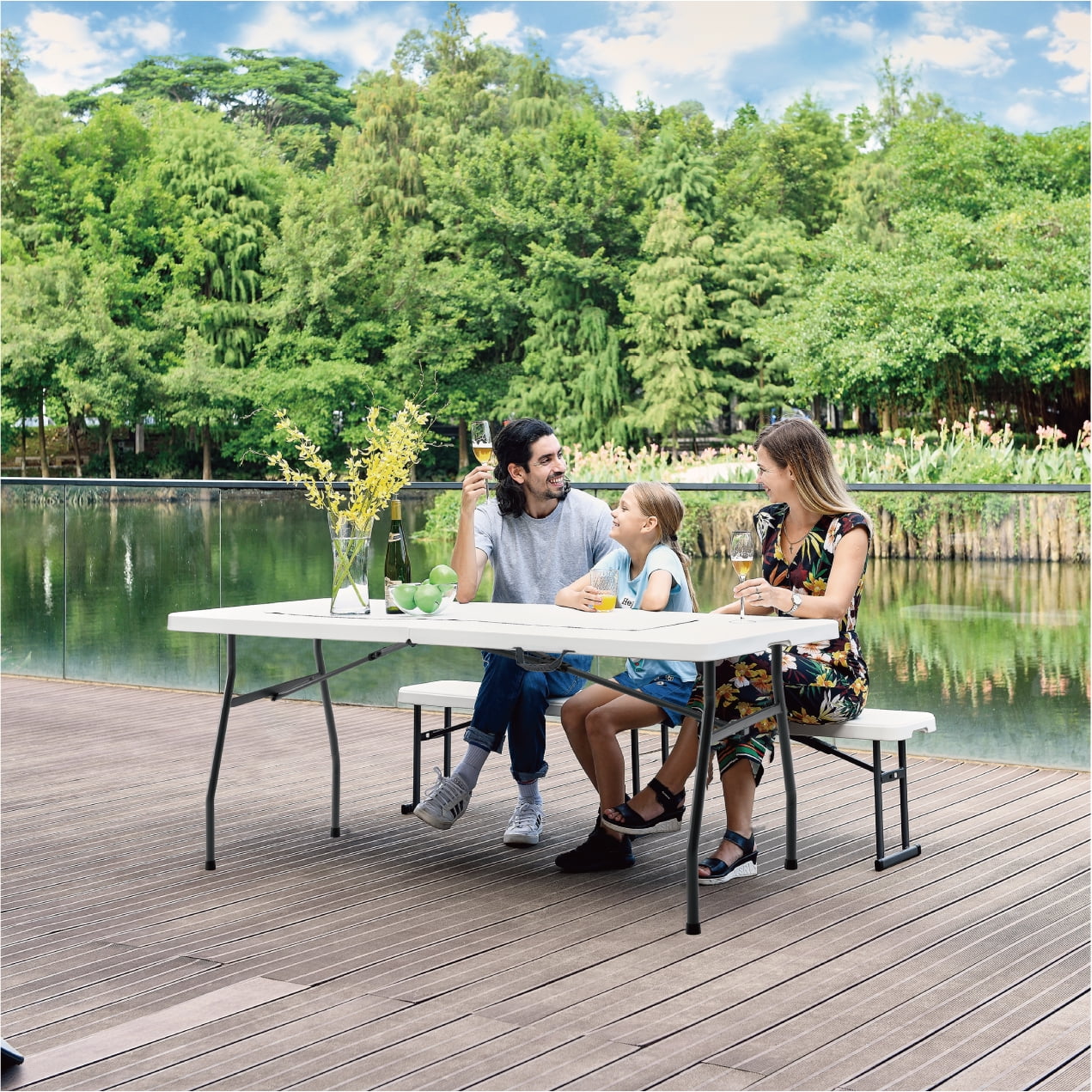 Mainstays 6 Foot Fold-in-Half Plastic Table, Indoor Outdoor, White Granite