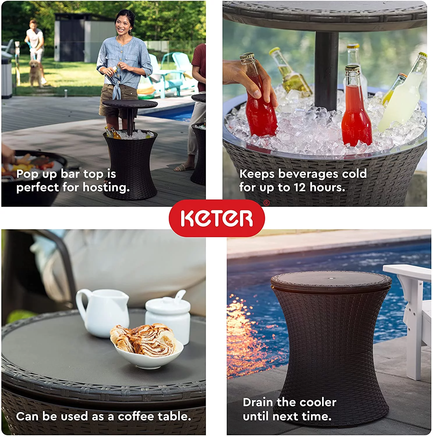 Keter Pacific Cool Bar Outdoor Patio Furniture and Hot Tub Side Table with 7.5 Gallon Beer and Wine Cooler  Espresso Brown