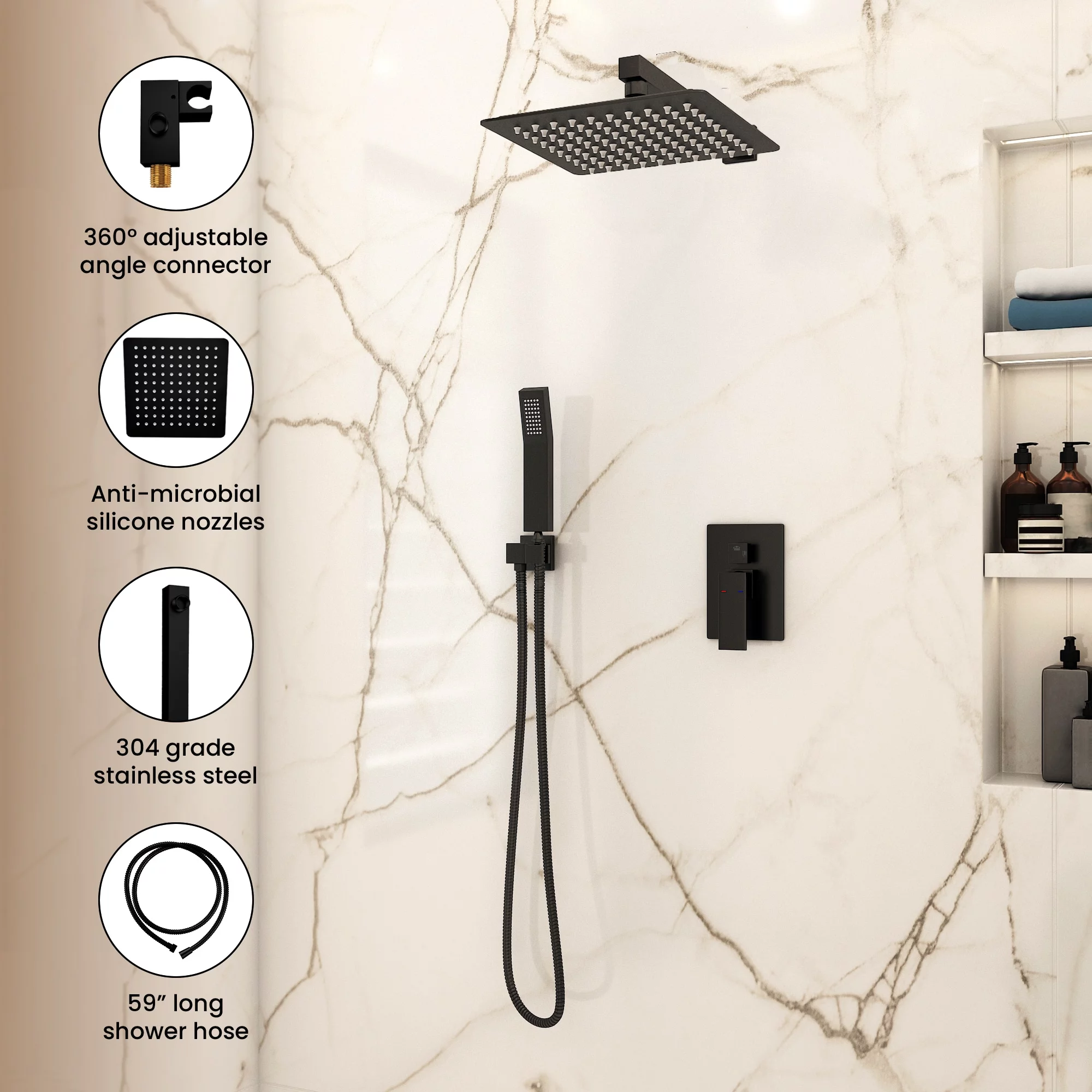 Ayna Decors Stainless Steel Shower System with 12 Inch Rain Shower Head and Handheld Wall Mount Shower Faucet Set, Hand Sprayer Rough-in Valve & Trim Kit Bathroom Mixer Shower Set, Matte Black