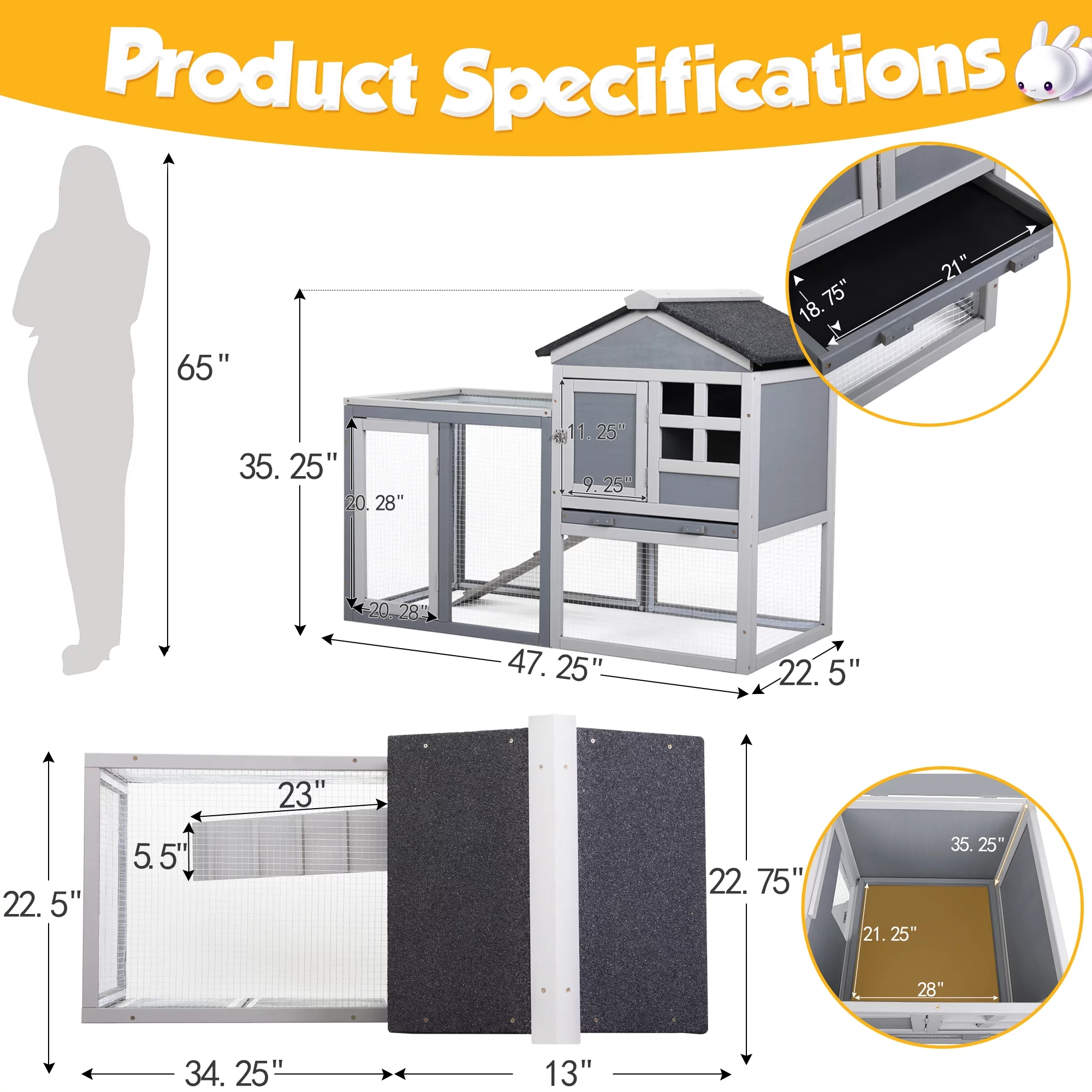 Coziwow Wooden Rabbit Hutch Small Animal Cage Guinea Pig Coop W/ Openable Roof, Gray