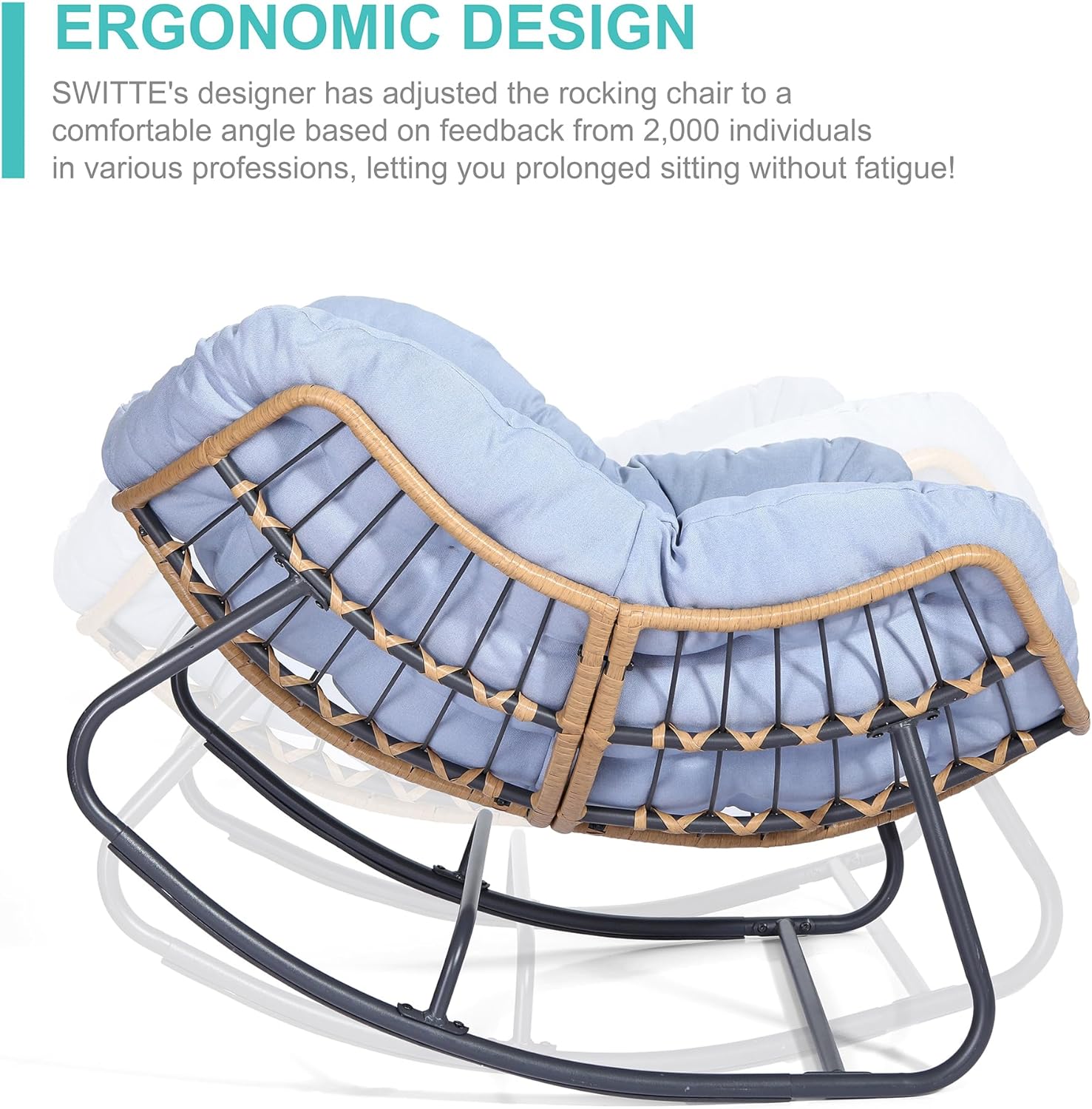 SWITTE Outdoor Rocking Chair, Patio Egg Rocking Chair, Indoor Papasan Chair, Rattan Wicker Lounge Chair, Modern Royal Chair for Bedroom, Living Room, Porch, Garden, Lawn-Blue