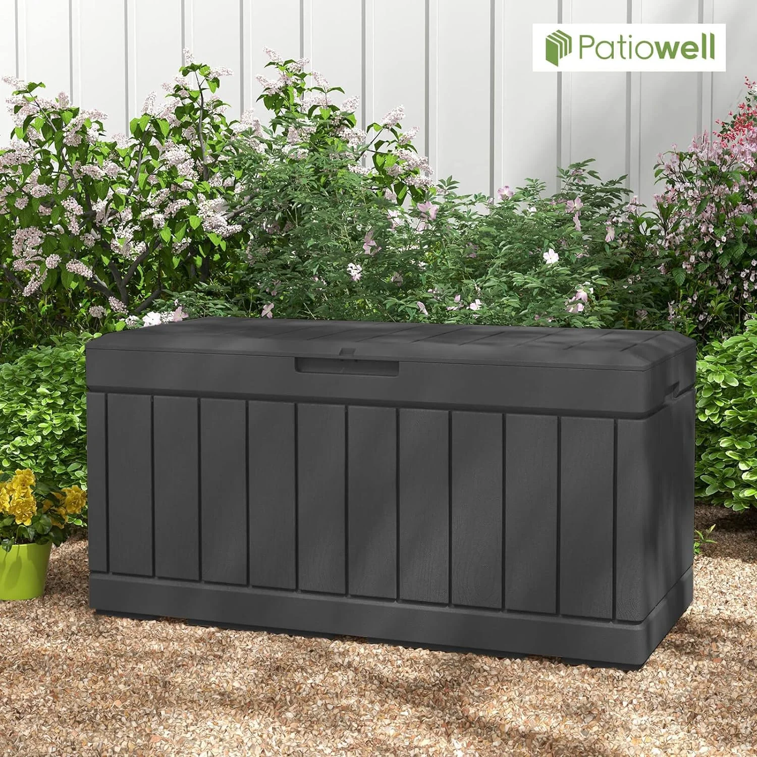 AUCHI  82 Gallon Resin Deck Box, Waterproof Large Wood Look Storage Box for Patio Furniture, Pool Accessories, Toys, Garden Tools and Sports Equipment, Lockable, Brown