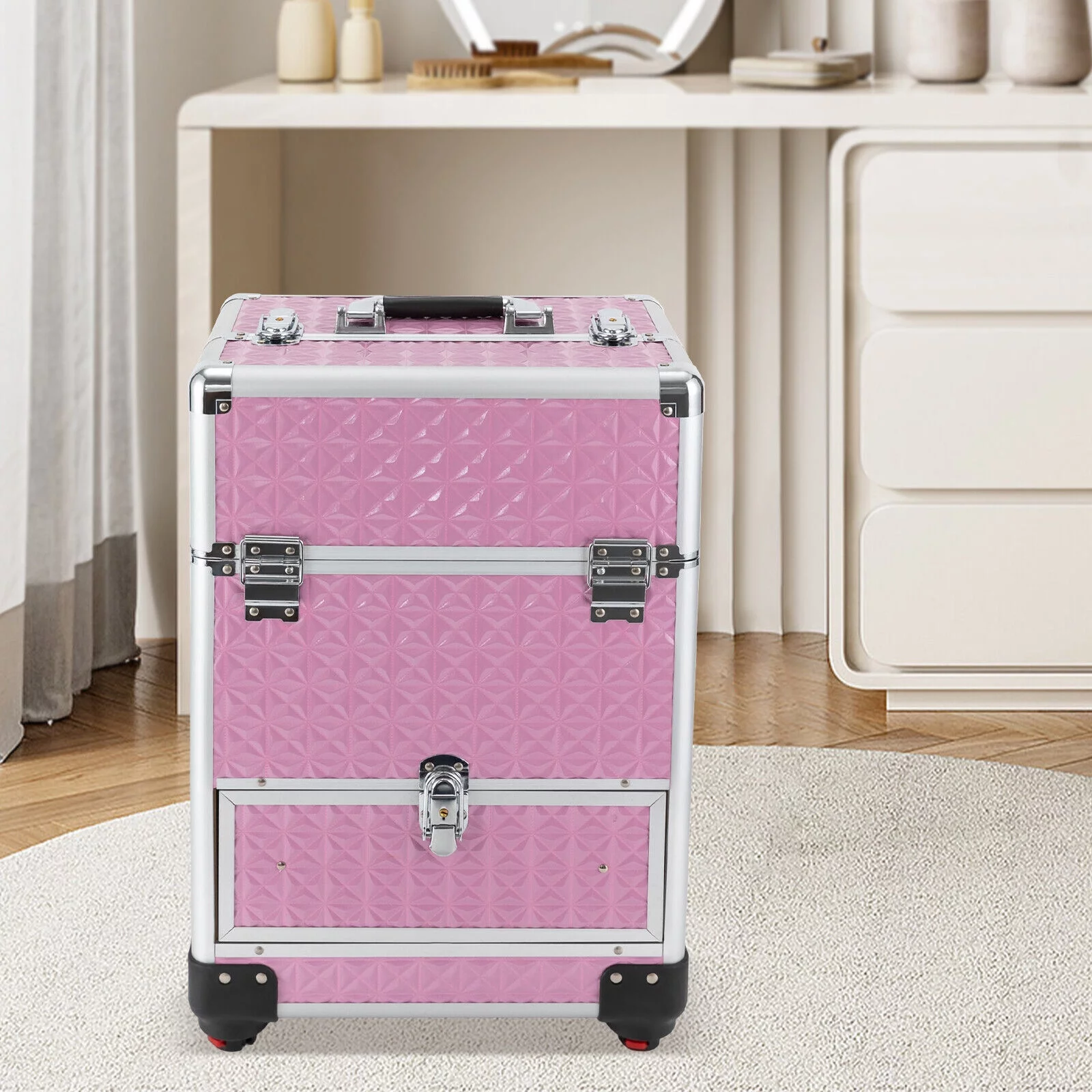 Miumaeov Professional Rolling Makeup Train Case Cosmetic Trolley with 4 Wheels Nail Polish Storage Organizer (Pink)
