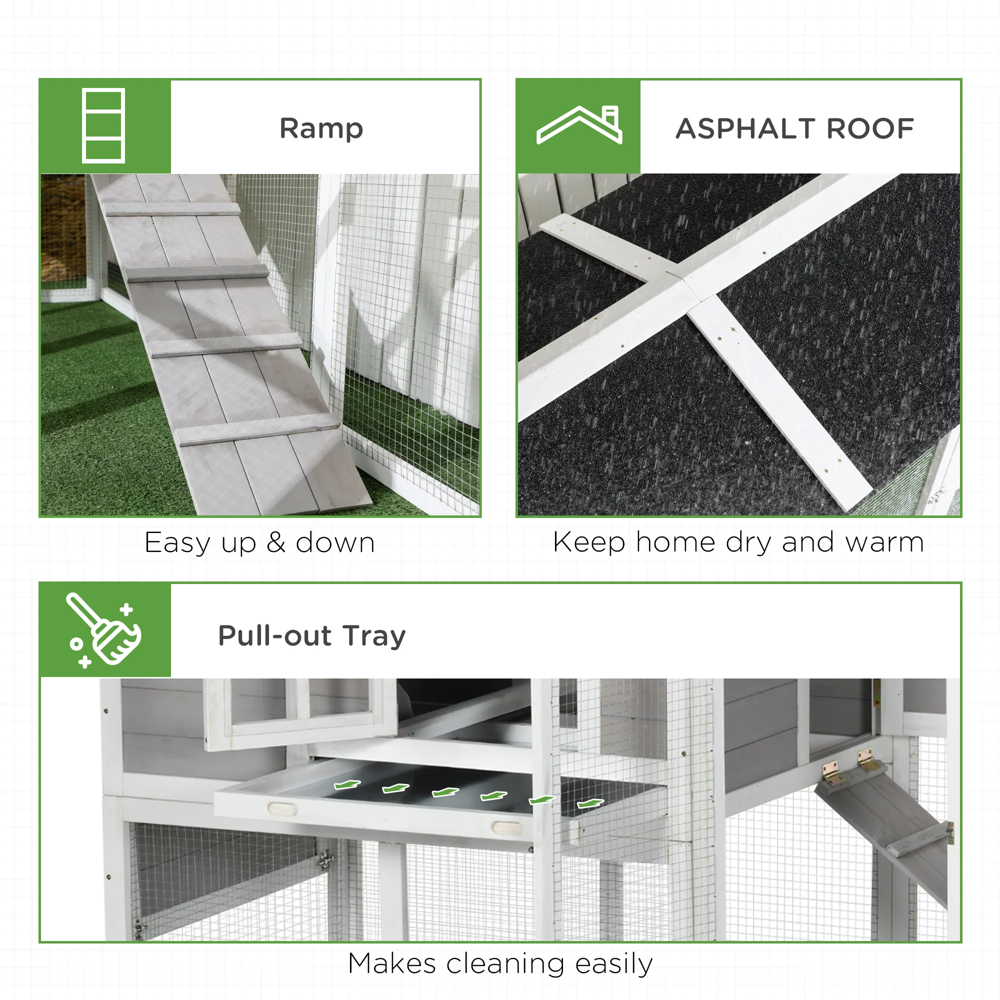 PawHut Wooden Chicken Coop with Run, Tray, 77.5