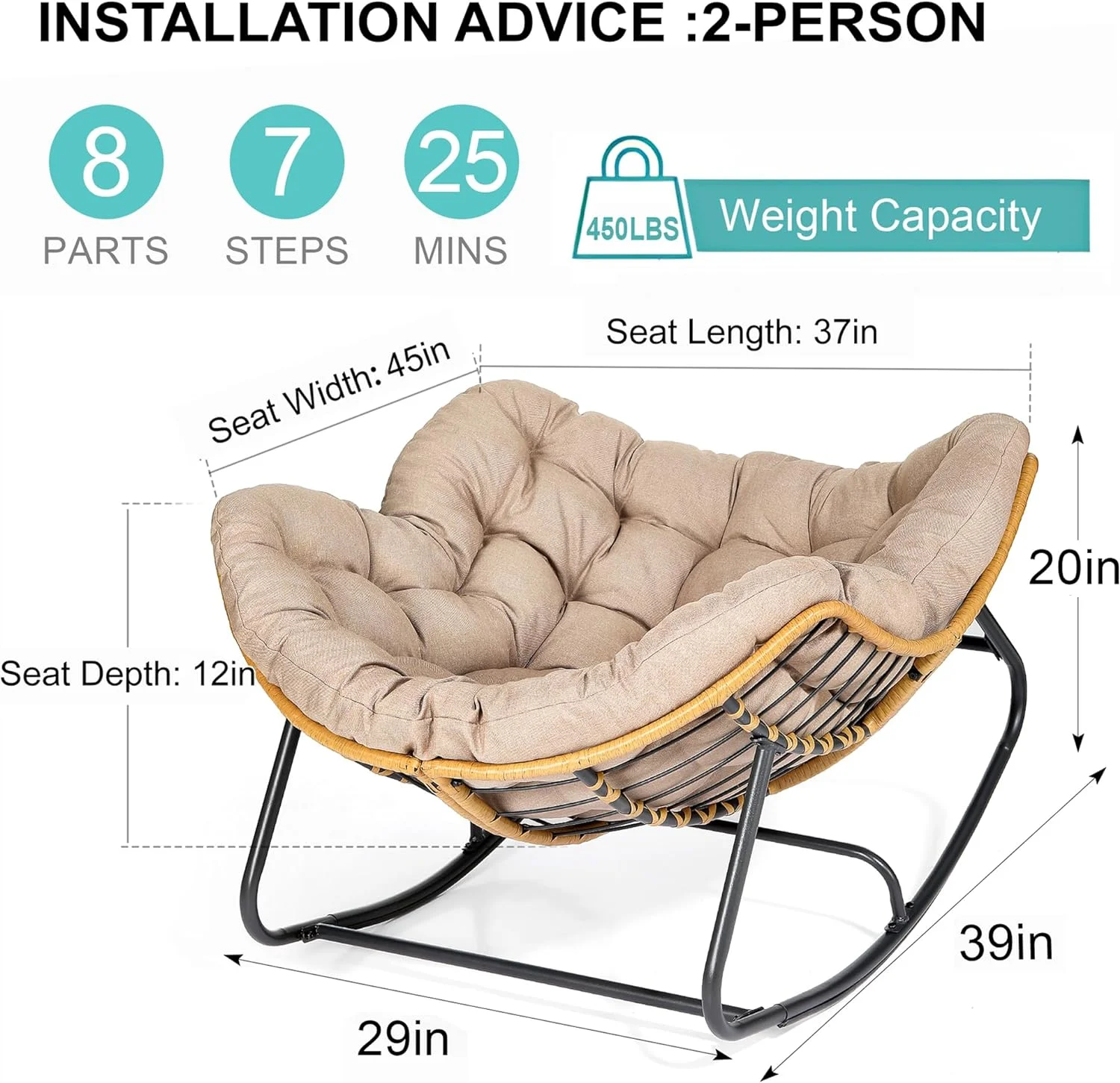 SWITTE Outdoor Rocking Chair, Patio Egg Rocking Chair, Indoor Papasan Chair, Rattan Wicker Lounge Chair, Modern Royal Chair for Bedroom, Living Room, Porch, Garden, Lawn-Blue