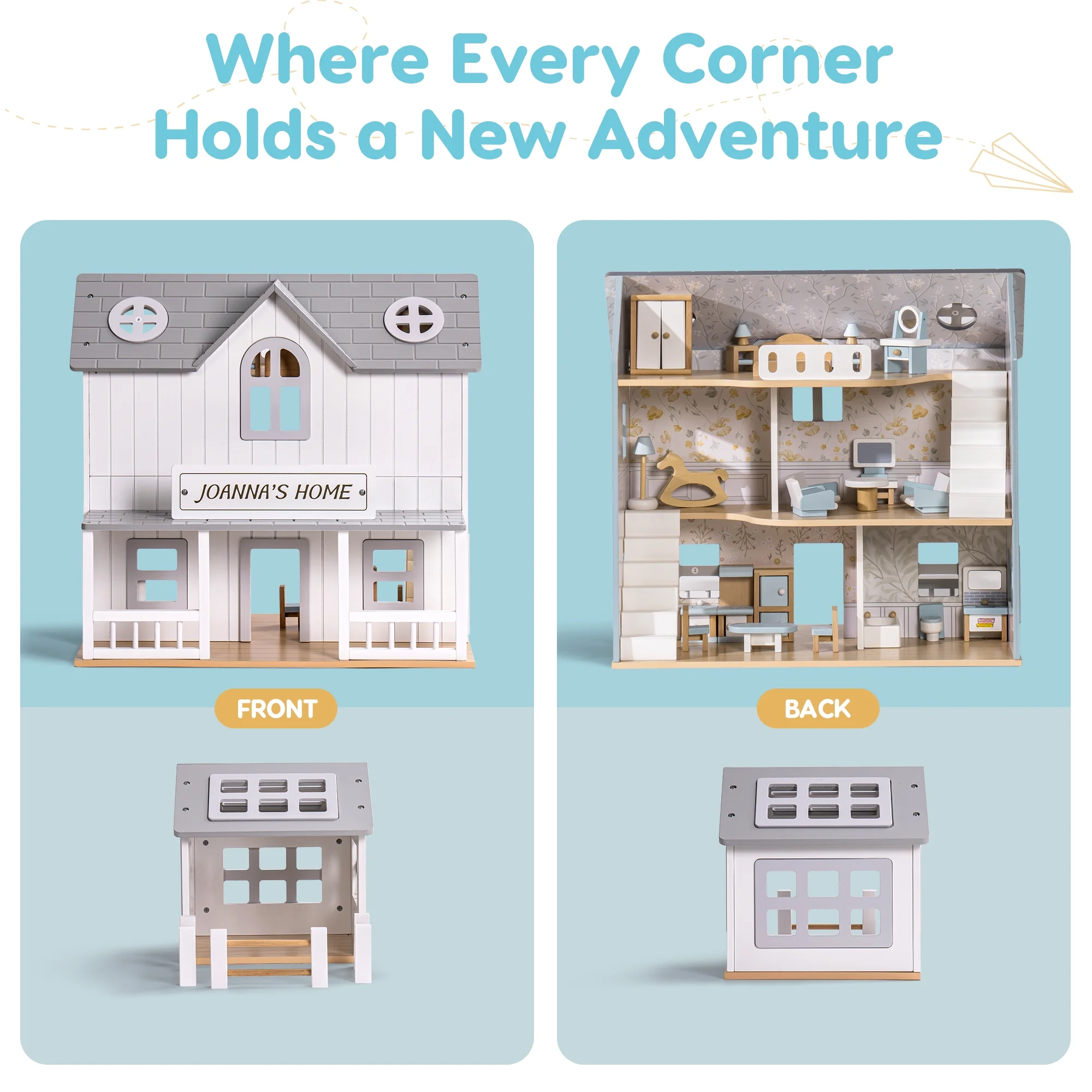 Robud Wooden Dollhouse Set with 25pcs Furniture,6-Room Doll Playhouse,Preschool Toy for Toddlers Kids Age 3+,Gray