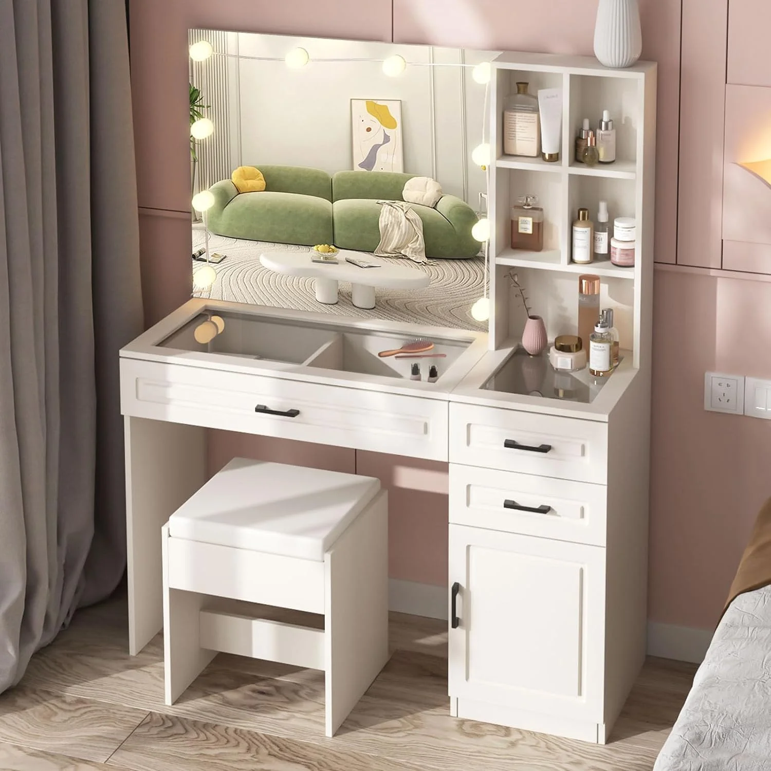 ONKER White Vanity Desk with Mirror and Lights,Glass Top Vanity Table with 3 Drawers and Cabinets,Large HD Mirror Makeup Desk,3 Lighting Modes, Brightness Adjustable,45 in(L)