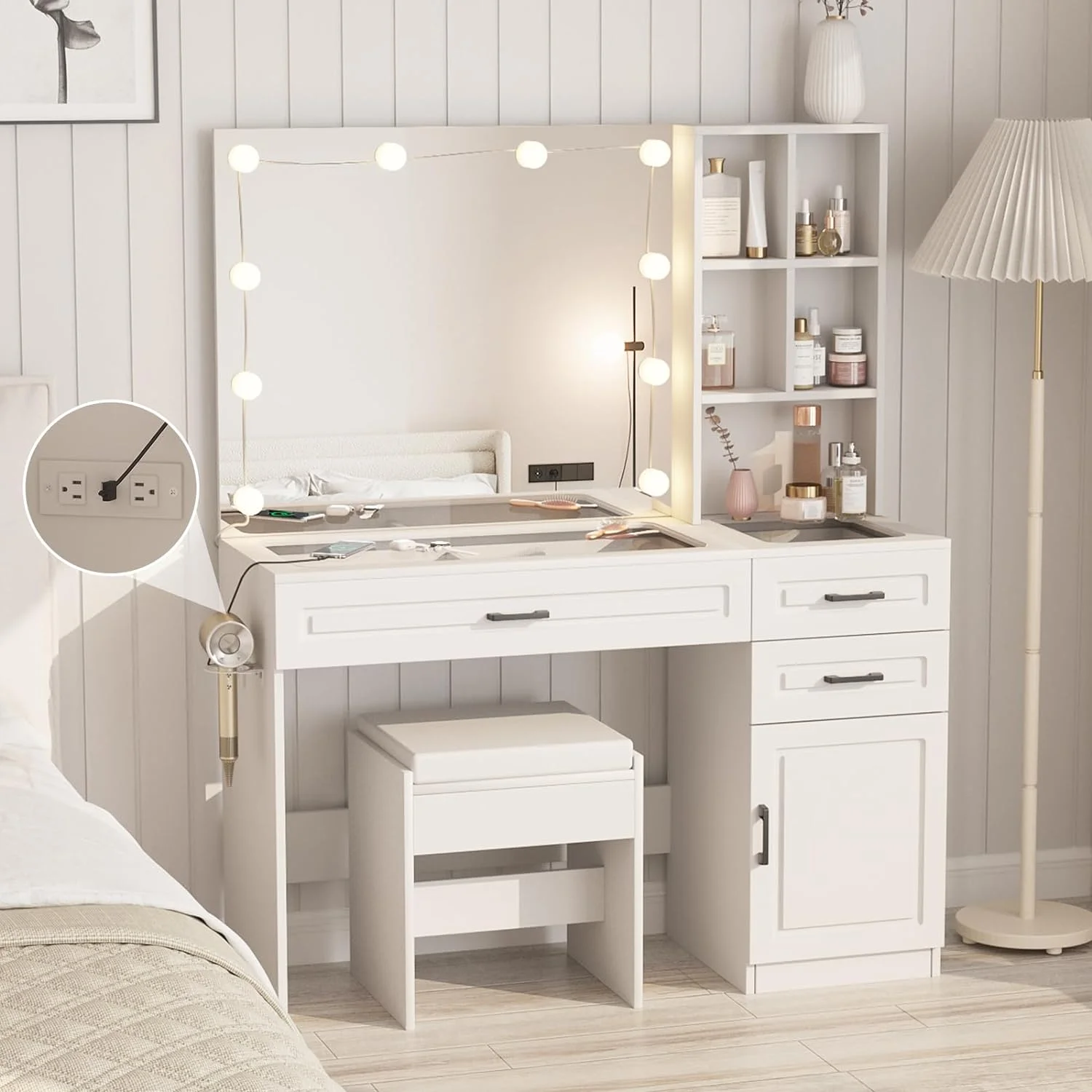 ONKER White Vanity Desk with Mirror and Lights,Glass Top Vanity Table with 3 Drawers and Cabinets,Large HD Mirror Makeup Desk,3 Lighting Modes, Brightness Adjustable,45 in(L)