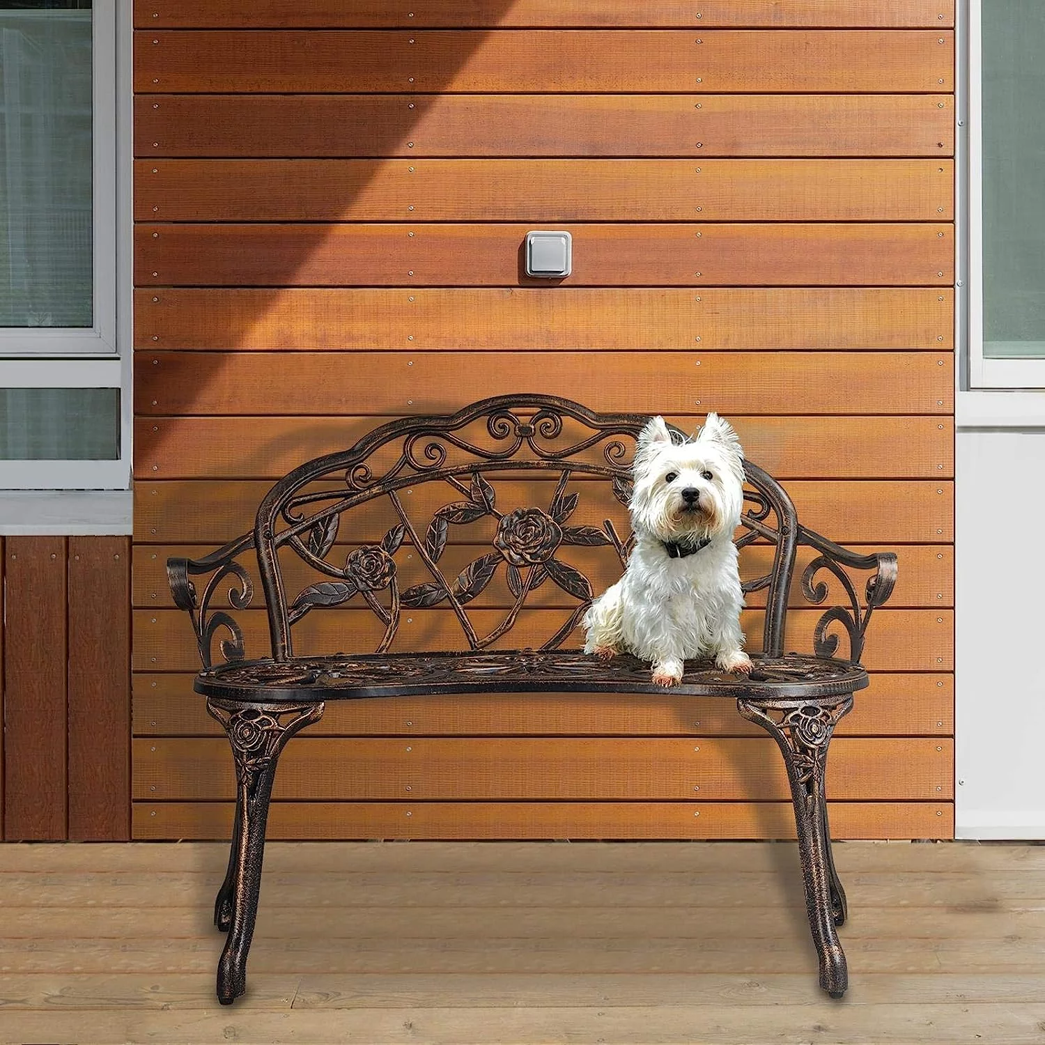 Outdoor Garden Bench Patio Park Bench, Aluminum Floral Rose Accented Antique Metal Bench Loveseat, Outdoor Yard Furniture