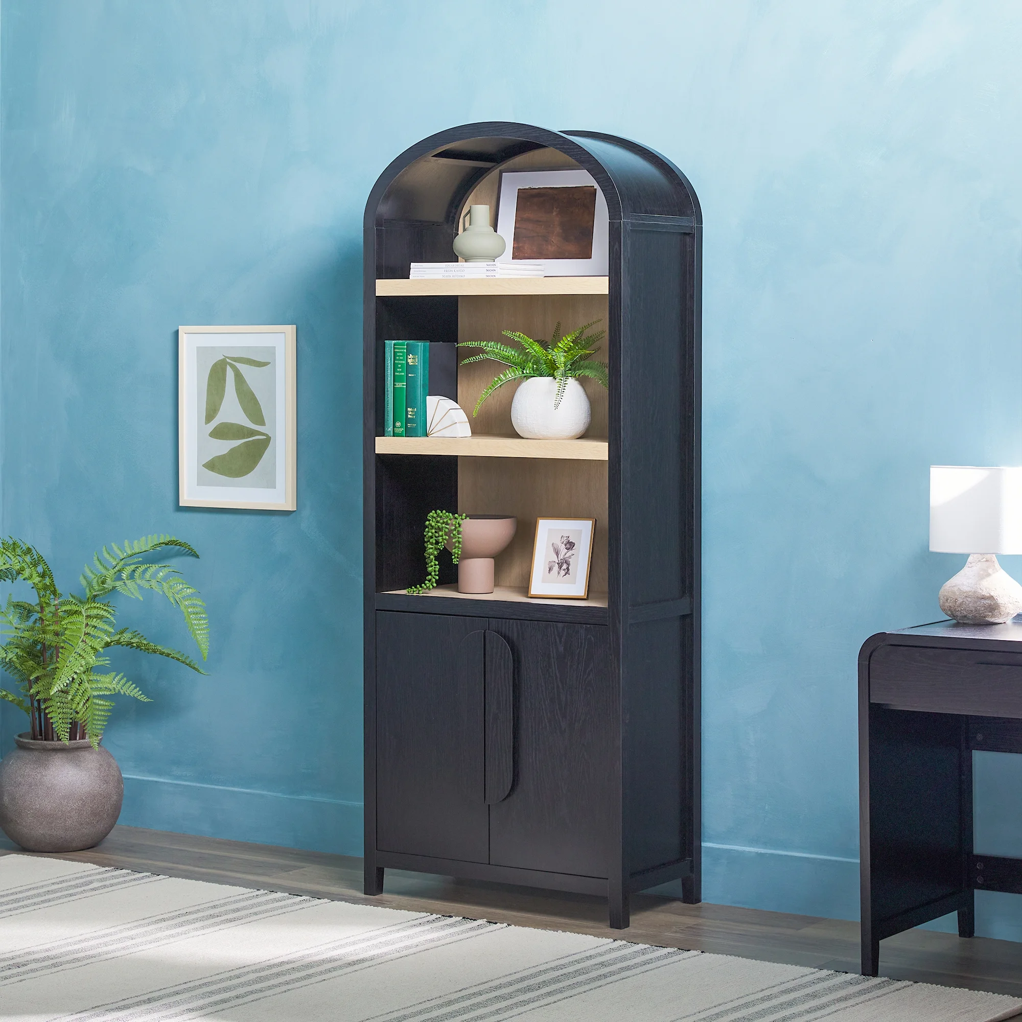 Walker Edison Modern 3 Shelf Open Arched Bookcase Cabinet, Black