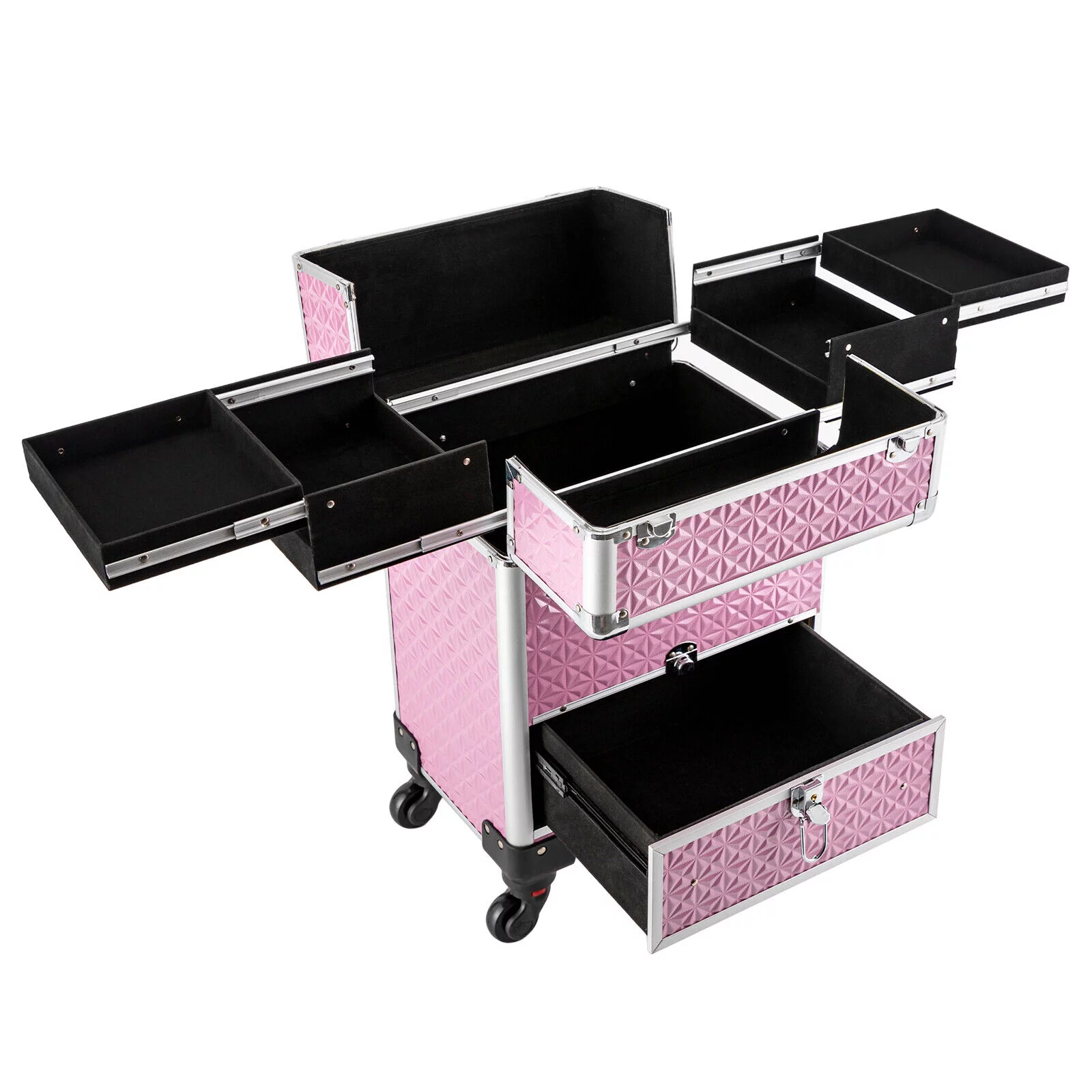 Miumaeov Professional Rolling Makeup Train Case Cosmetic Trolley with 4 Wheels Nail Polish Storage Organizer (Pink)