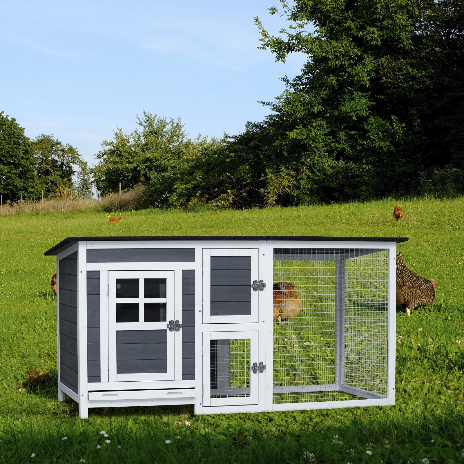 Algherohein Chicken Wire Wood Chicken Coop Rabbit Hutch Kennels House,Outdoor Large Animal Home,Gray