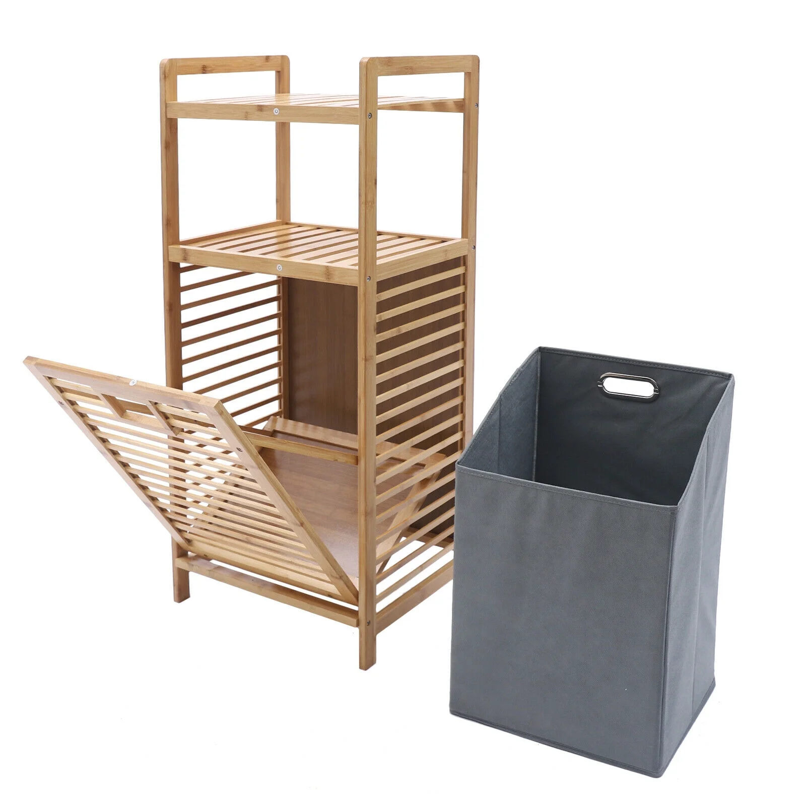 2-Layer Bamboo Laundry Hamper Basket Storage Dirty Clothes Tilt Out Baskets NEW