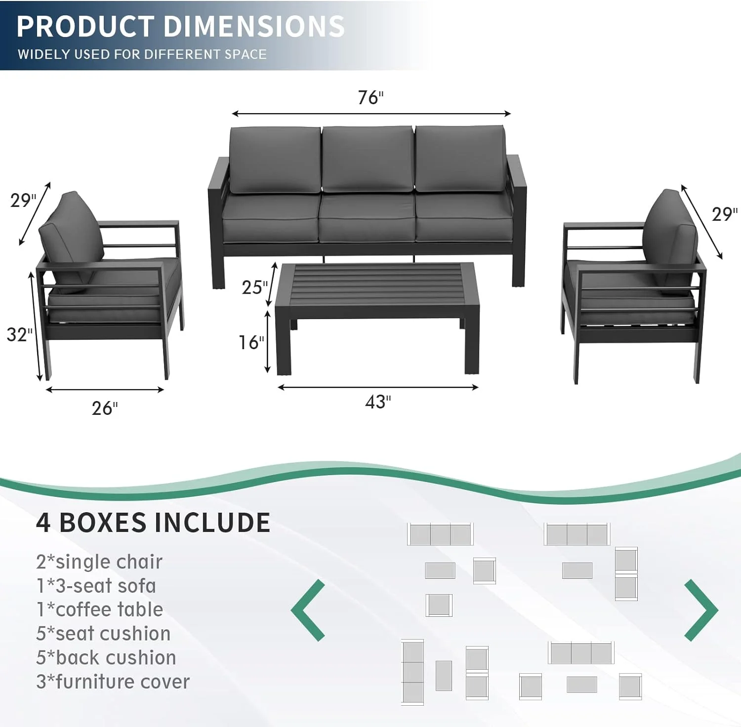 ECOPATIO Aluminum Patio Furniture Set, 6 Pcs Metal Modern Outdoor Sofa Sets, Outdoor Sectional Patio Conversation Set with Coffee Table for Backyard, Poolside, Dark Grey (Included Waterproof Covers)