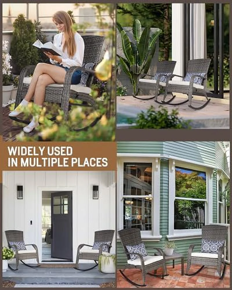 CHIOPKM Patio Rocking Chair- Wicker Rocking Chairs Outdoor with Cushions and Pillow  All-Weather Outdoor Rocker Chair with 2 Replaceable Cushion Covers (White & Blue) 350lbs