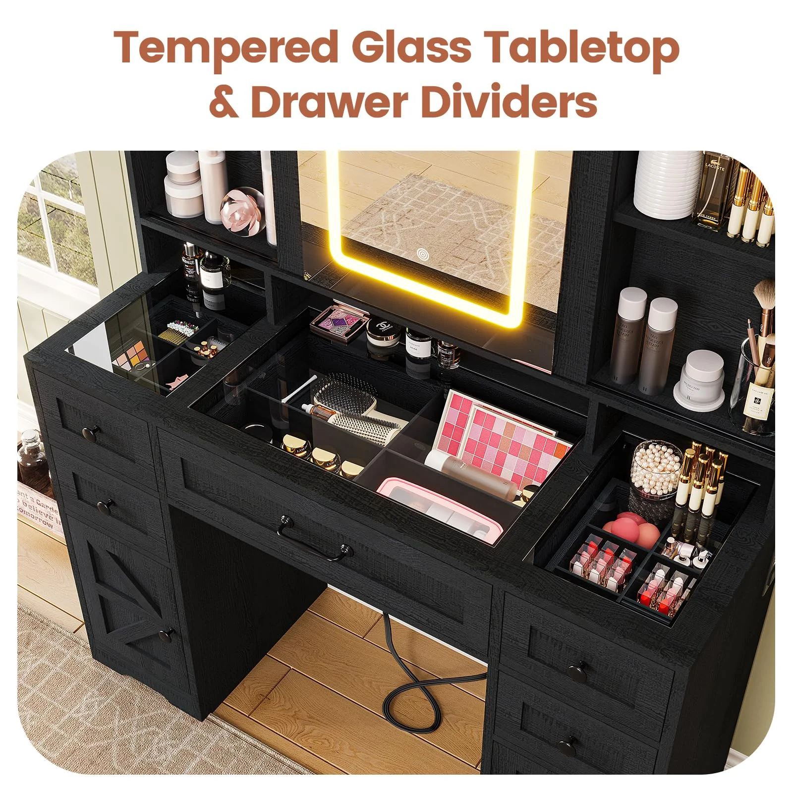 Makeup Vanity Desk with Sliding Mirror and Lights,Farmhouse Vanity Table with Charging Station&5 Drawers&Cabinets, Black