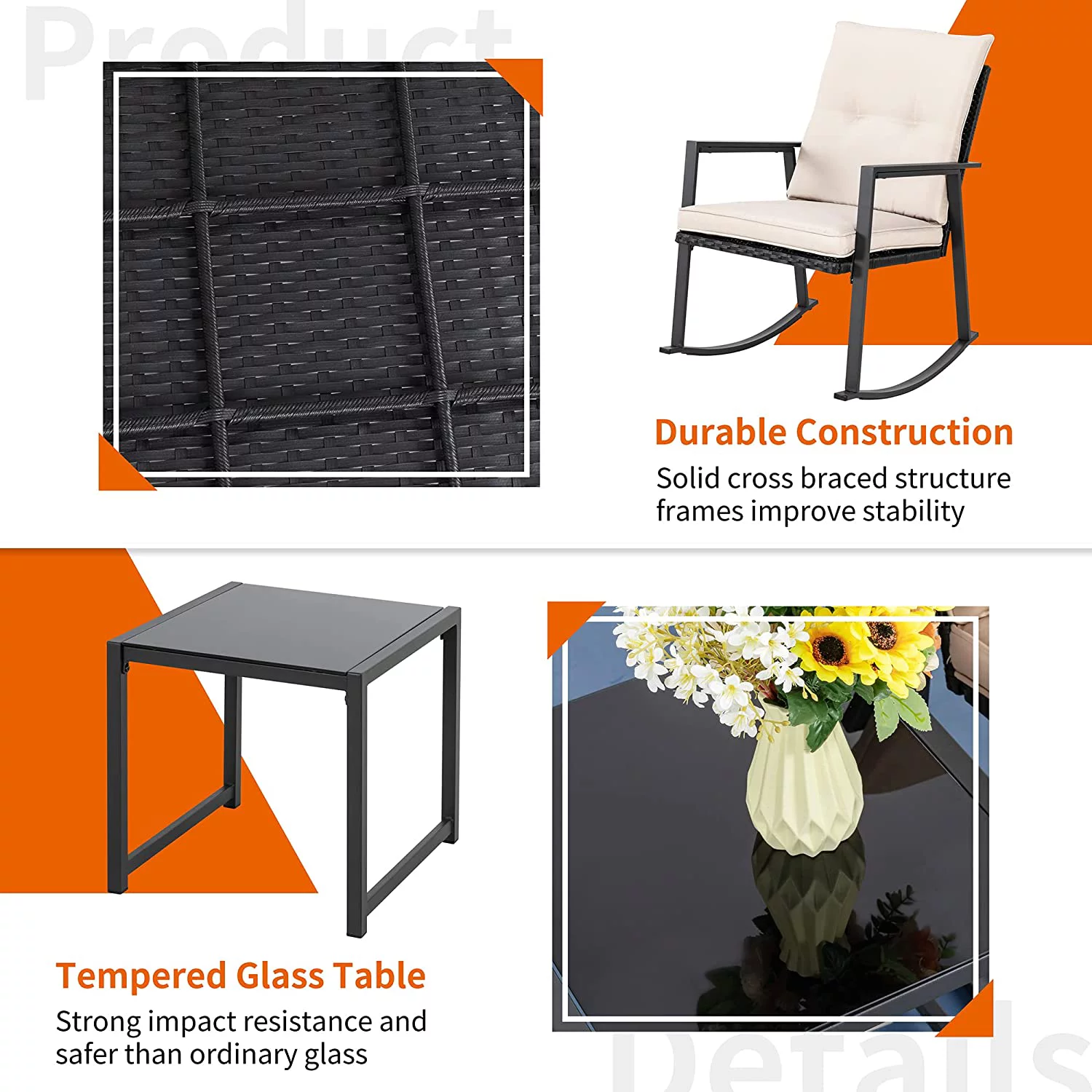 Shintenchi 3 Pieces Rocking Bistro Set Wicker Patio Outdoor Furniture, 2 Rattan Porch Chairs Conversation Sets with Glass Coffee Table (Beige)