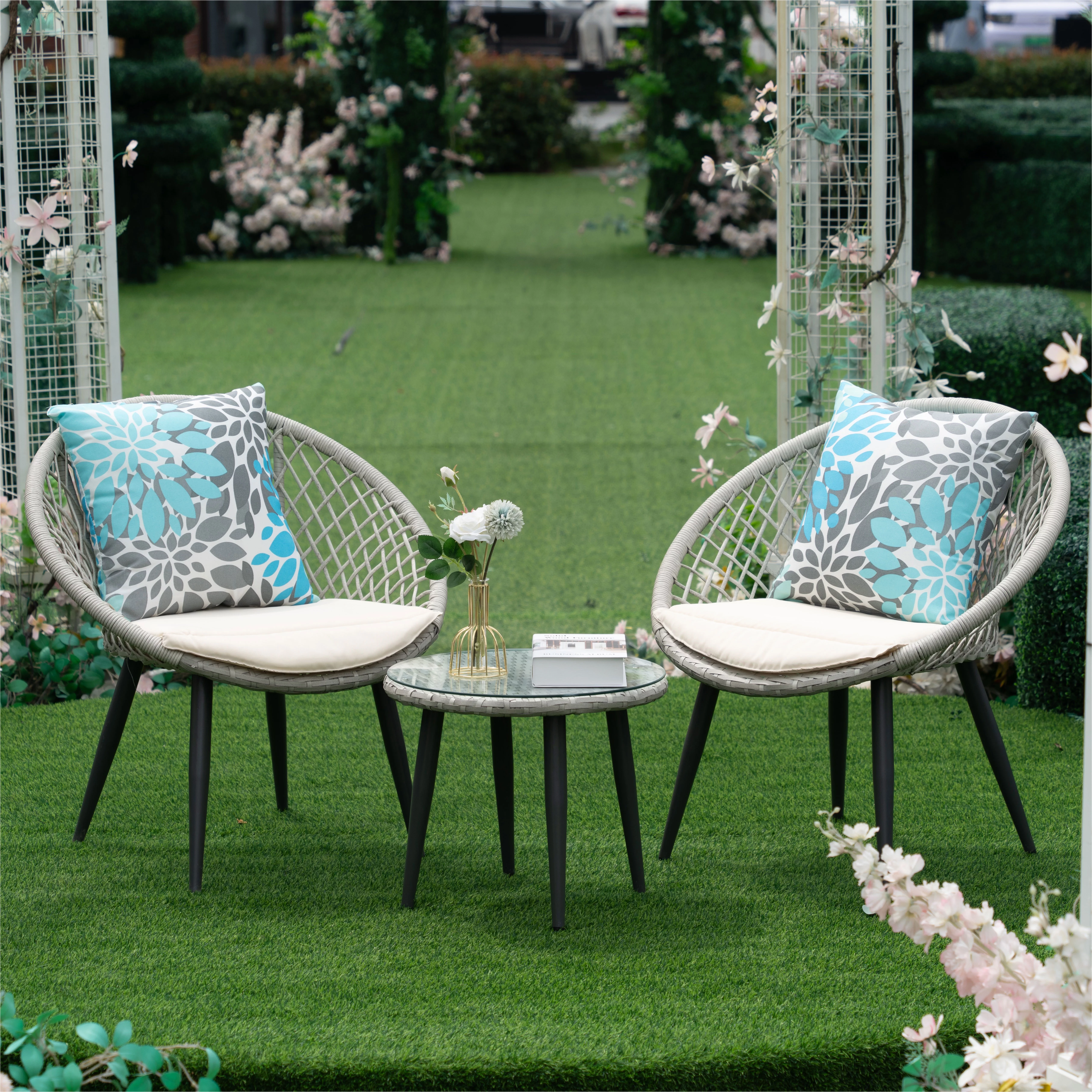 PROHIKER 3-Piece Outdoor Acapulco Patio Bistro Set, PE Rattan Conversation Set with Round Chairs and Glass Top Table, Patio Weave Lounge Chair Porch Set for Backyard Yard