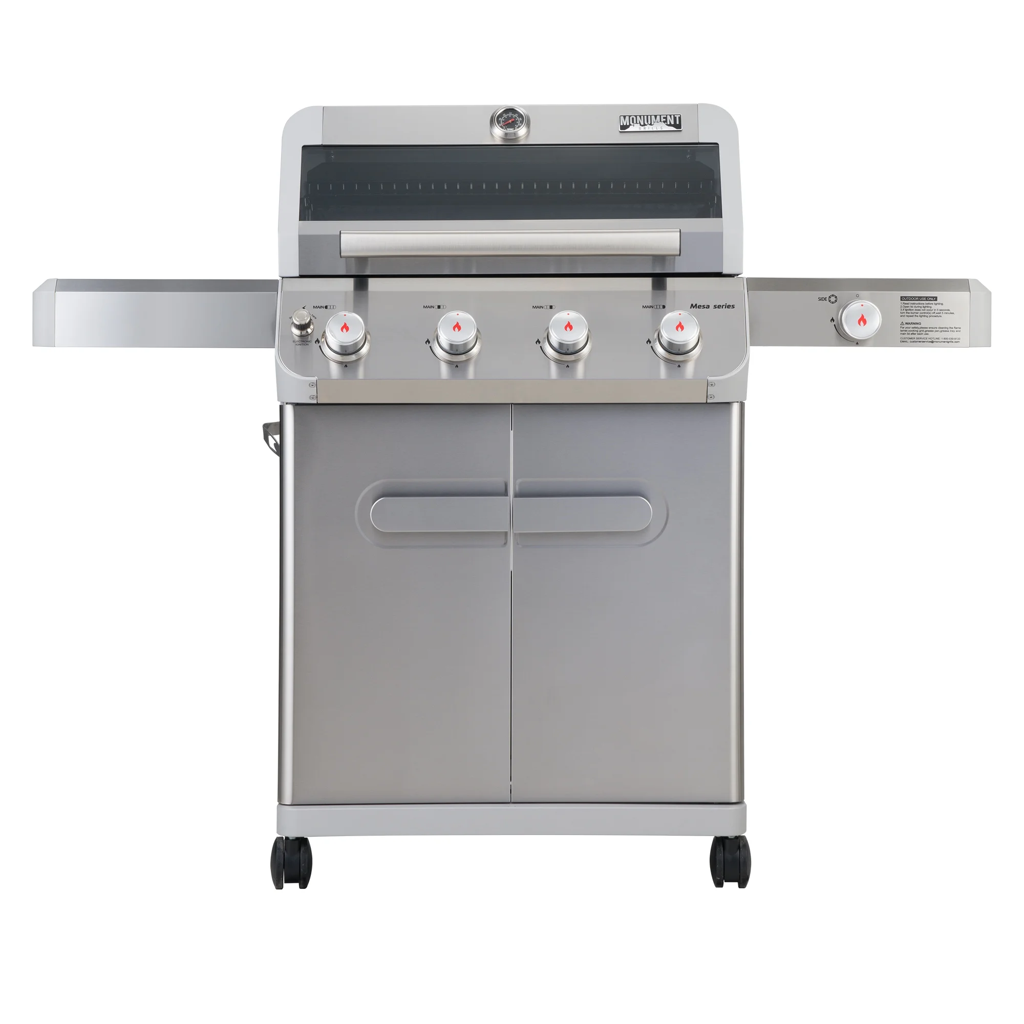 Mesa 4-Burner Propane Gas Grill in Stainless Steel with Clear View Lid, Side Burner and LED Controls