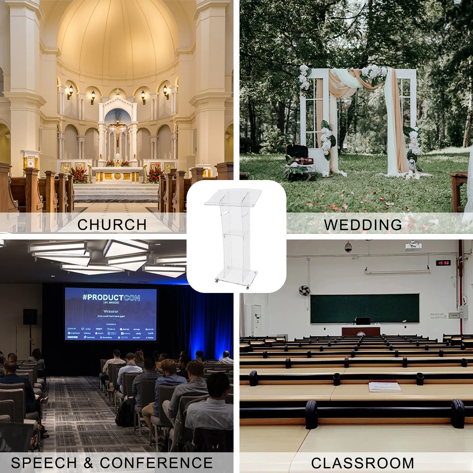 Ageszoe Modern Acrylic Clear Rolling Podium Stand with Storage Shelf, 47