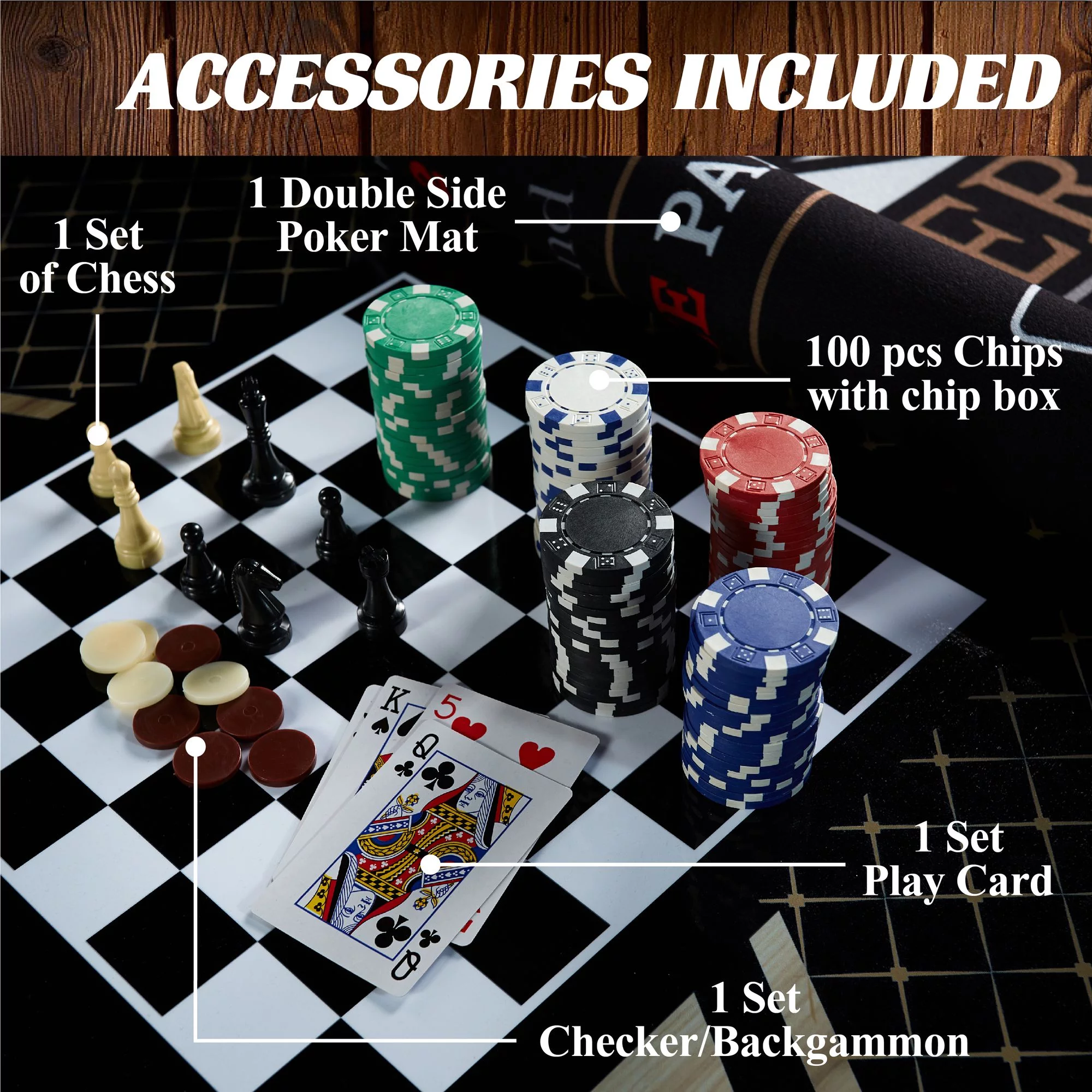 Barrington 6 Player 5 in 1 Poker and Card Game Table, Blackjack, Poker, Checker, Chess, Backgammon, Black