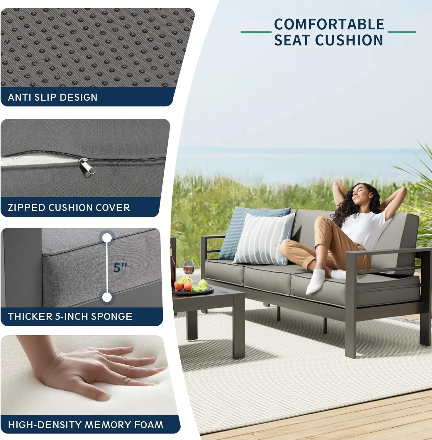 ECOPATIO Aluminum Patio Furniture Set, 6 Pcs Metal Modern Outdoor Sofa Sets, Outdoor Sectional Patio Conversation Set with Coffee Table for Backyard, Poolside, Dark Grey (Included Waterproof Covers)