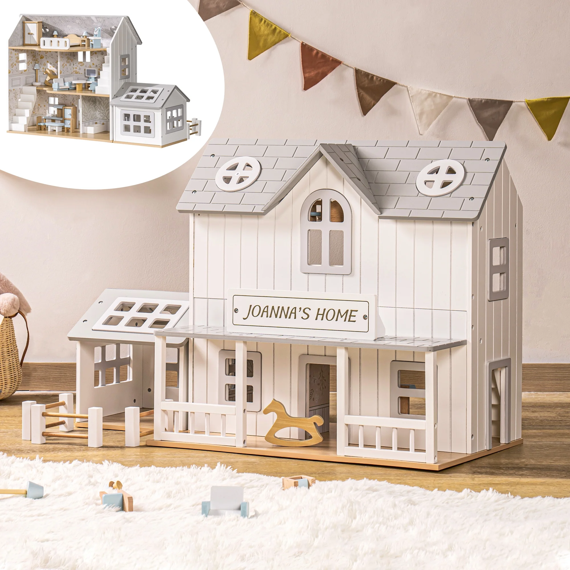 Robud Wooden Dollhouse Set with 25pcs Furniture,6-Room Doll Playhouse,Preschool Toy for Toddlers Kids Age 3+,Gray