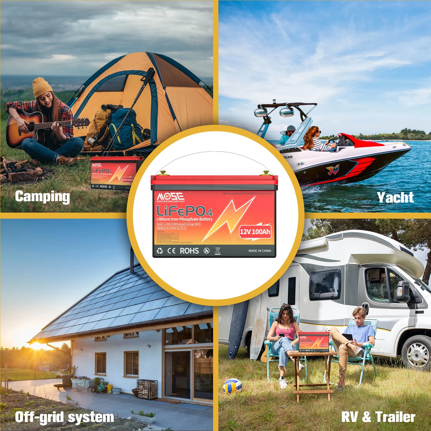 3PACK MOSEWORTH 12V 100Ah Lithium LiFePO4 Battery,15000 Deep Cycles for RV, Marine, Backup Power, Solar