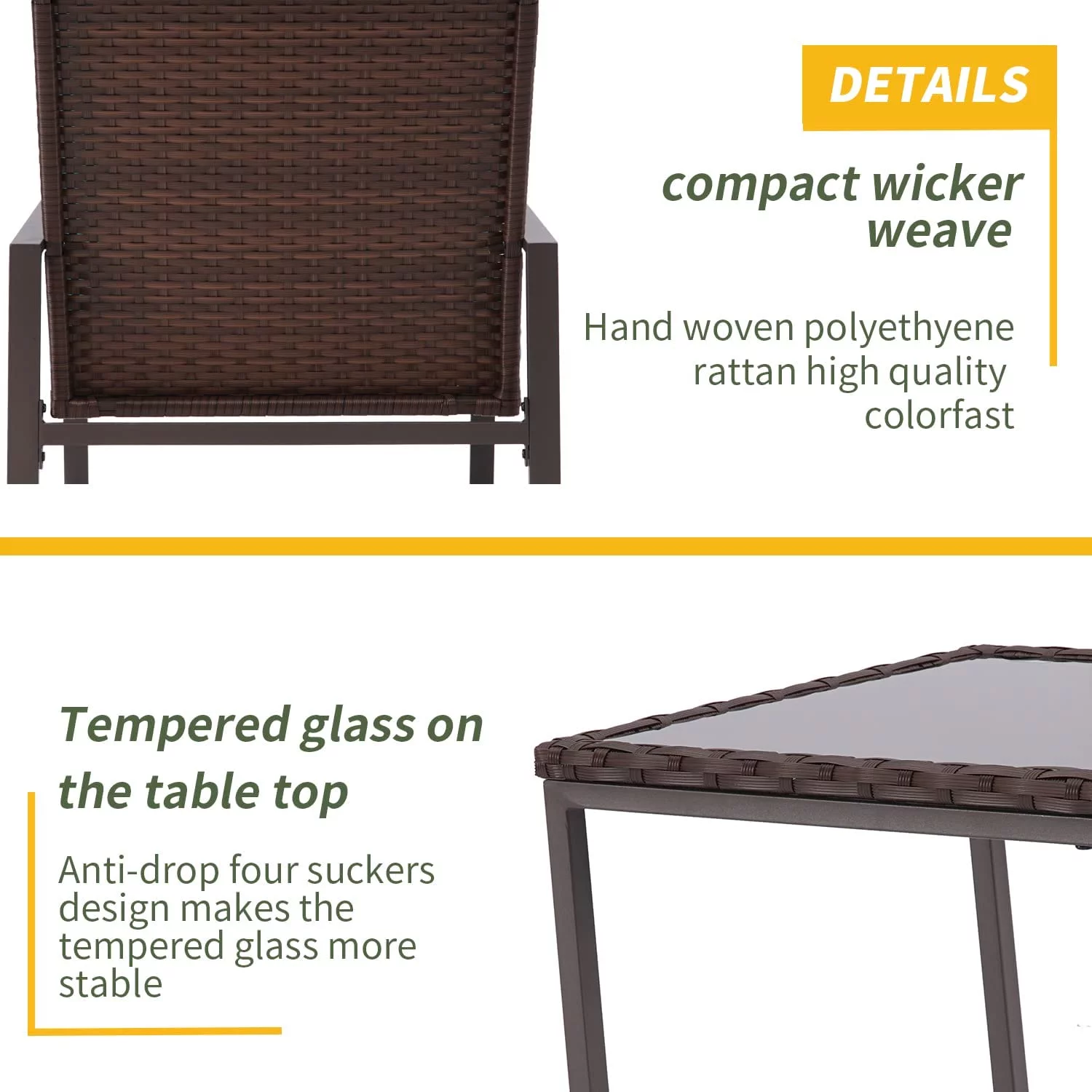 3 Piece Outdoor Rocking Bistro Set Brown Wicker  Porch Chairs Conversation Sets with Glass Coffee Table  Dark Grey