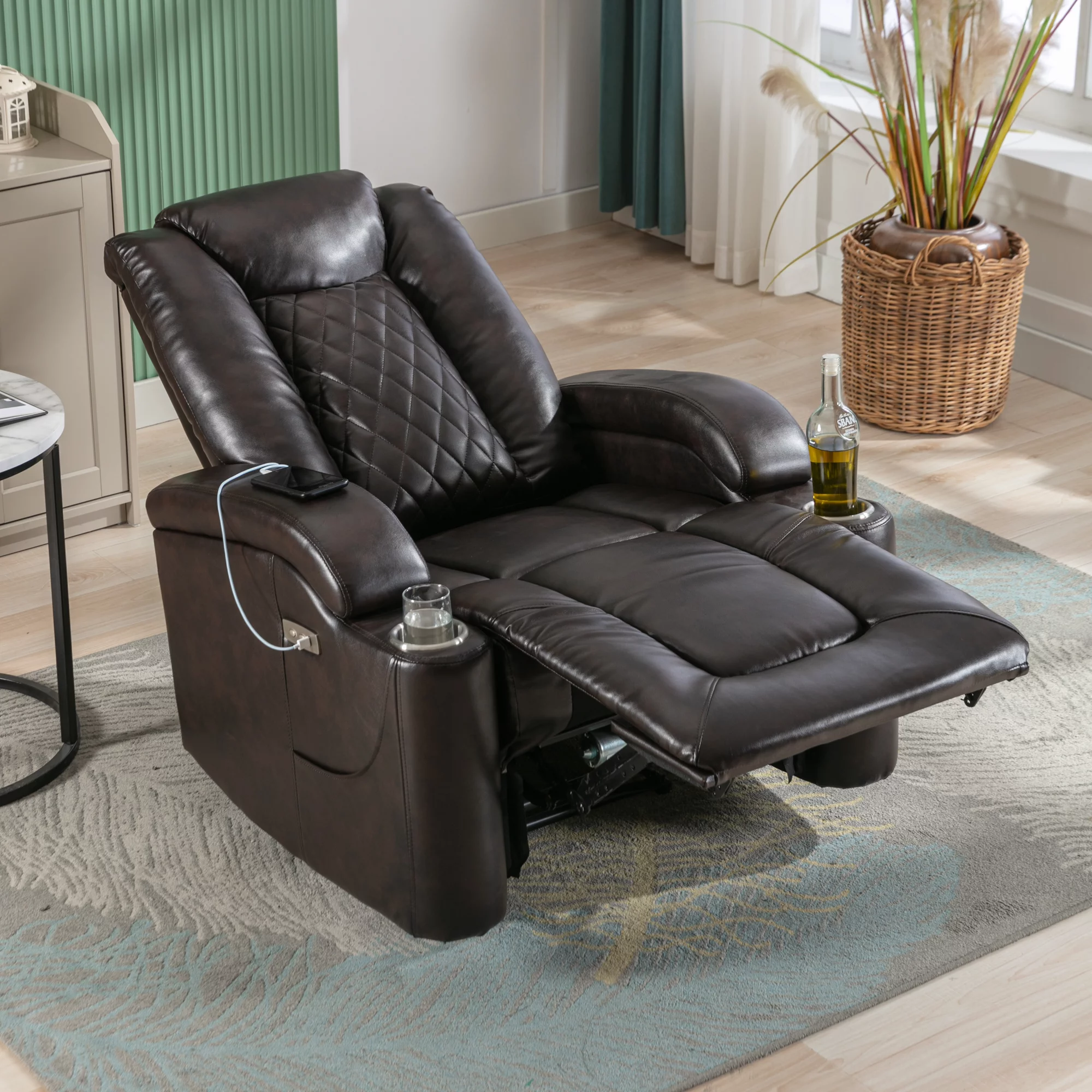 Power Motion Recliner with USB Charge Port and Cup Holder -PU Lounge chair for Living Room,Brown(Old Sku:PP194010DAA)