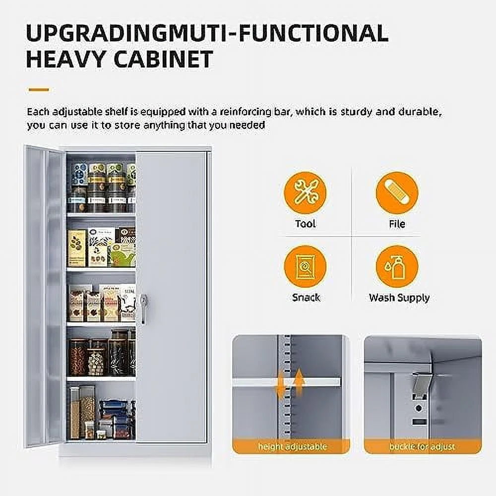 GEROBOOM Garage  Cabinets with Doors and Shelves  72" Steel Tool Locking Cabinet  Metal  Cabinet for Home Office  Warehouse  School (New Grey)