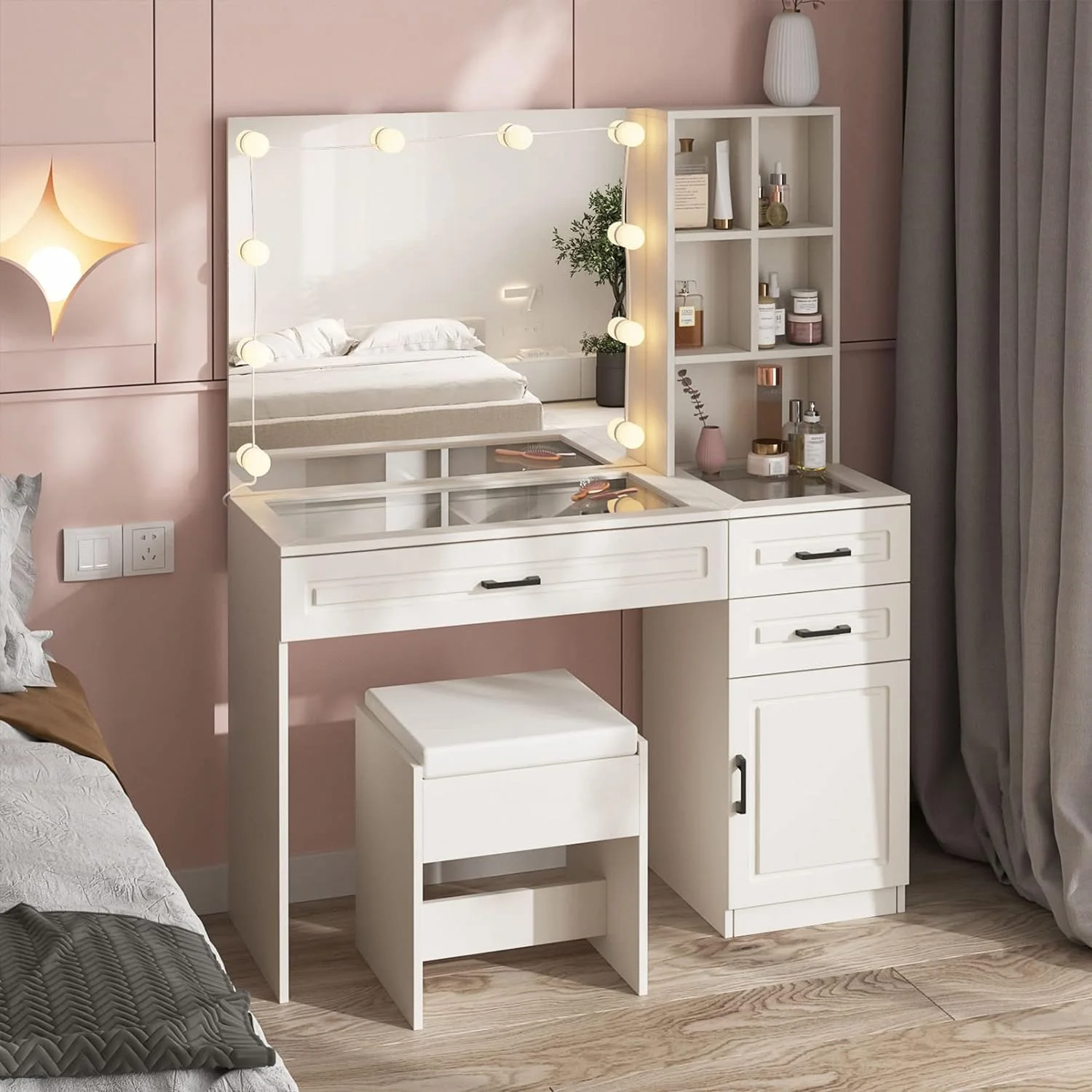 ONKER White Vanity Desk with Mirror and Lights,Glass Top Vanity Table with 3 Drawers and Cabinets,Large HD Mirror Makeup Desk,3 Lighting Modes, Brightness Adjustable,45 in(L)