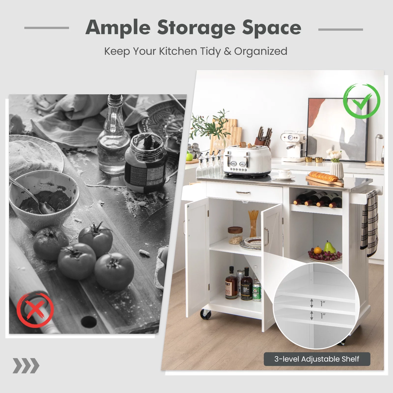 Rolling Kitchen Island Cart with Stainless Steel Top and Wine Rack, Kitchen Island on Wheels with Drawer & Open Shelves & Spice Rack(White-Stainless Top)