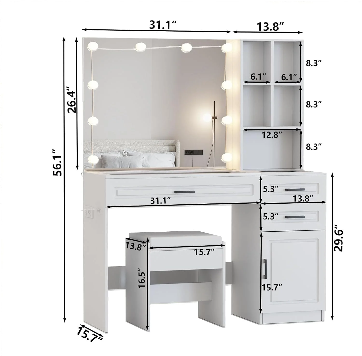 ONKER White Vanity Desk with Mirror and Lights,Glass Top Vanity Table with 3 Drawers and Cabinets,Large HD Mirror Makeup Desk,3 Lighting Modes, Brightness Adjustable,45 in(L)