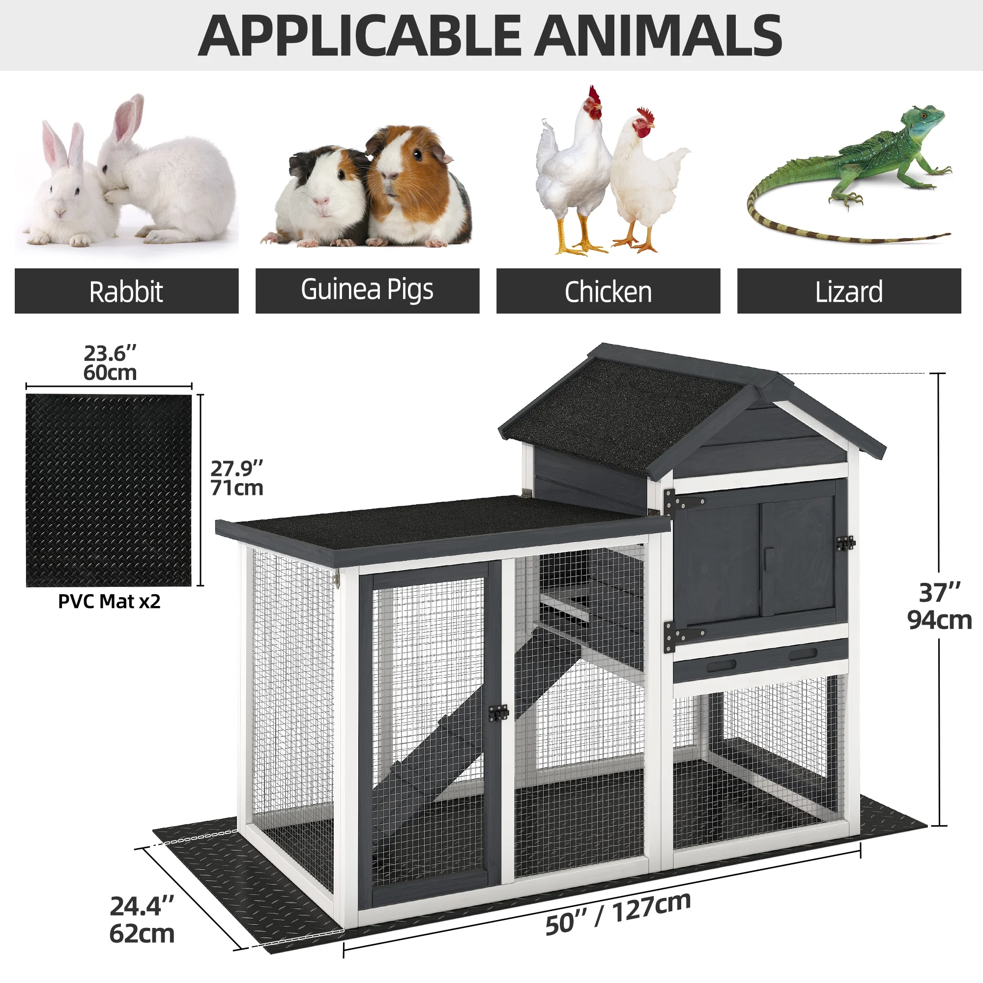 Dextrus Wooden Rabbit Hutch Bunny Cage Guinea Pig House with Waterproof Roof, PVC Mat, Pull-Out Tray - Black