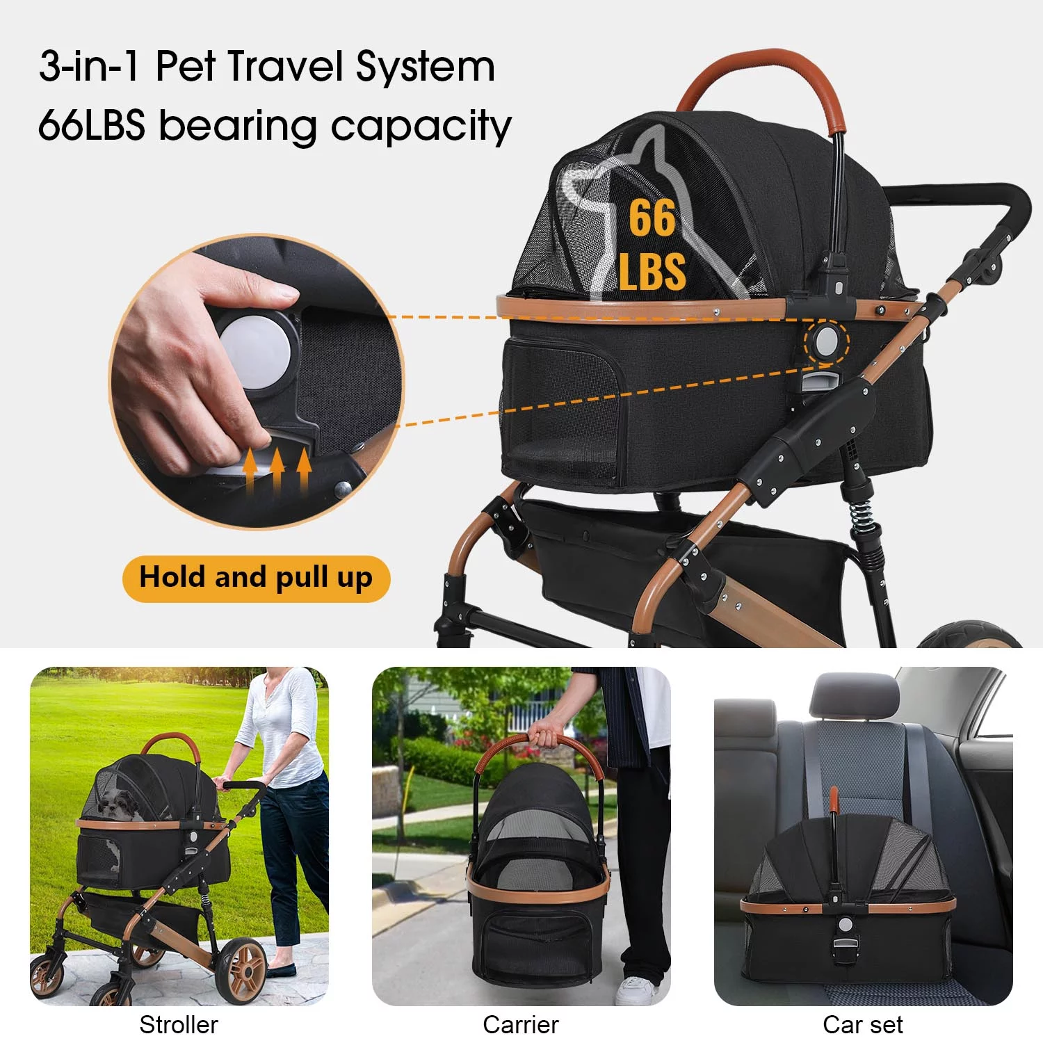 BestPet Pet Stroller Premium 3-in-1 Multifunction 4 wheels Dog Cat Stroller for Large Medium Dogs Cats Aluminium Frame Folding Lightweight Travel Stroller with Detachable Carrier,66lbs Capacity, Black