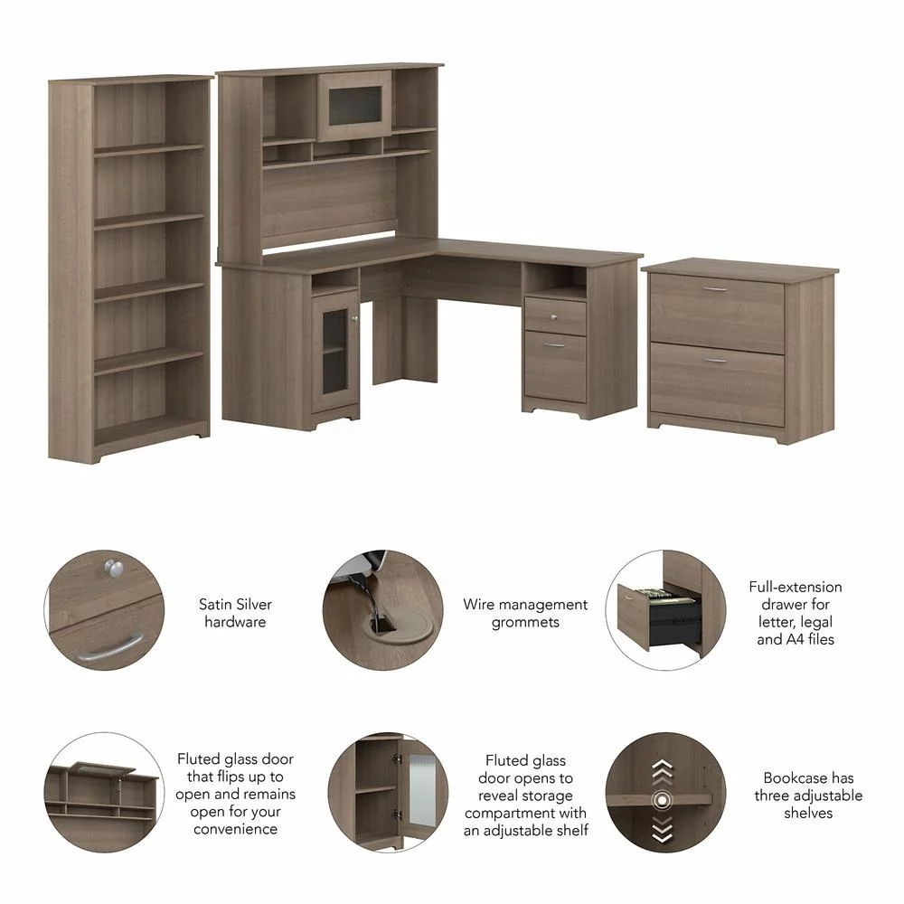 Cabot 60W L Shaped Computer Desk with Storage Set in Ash Gray - Engineered Wood