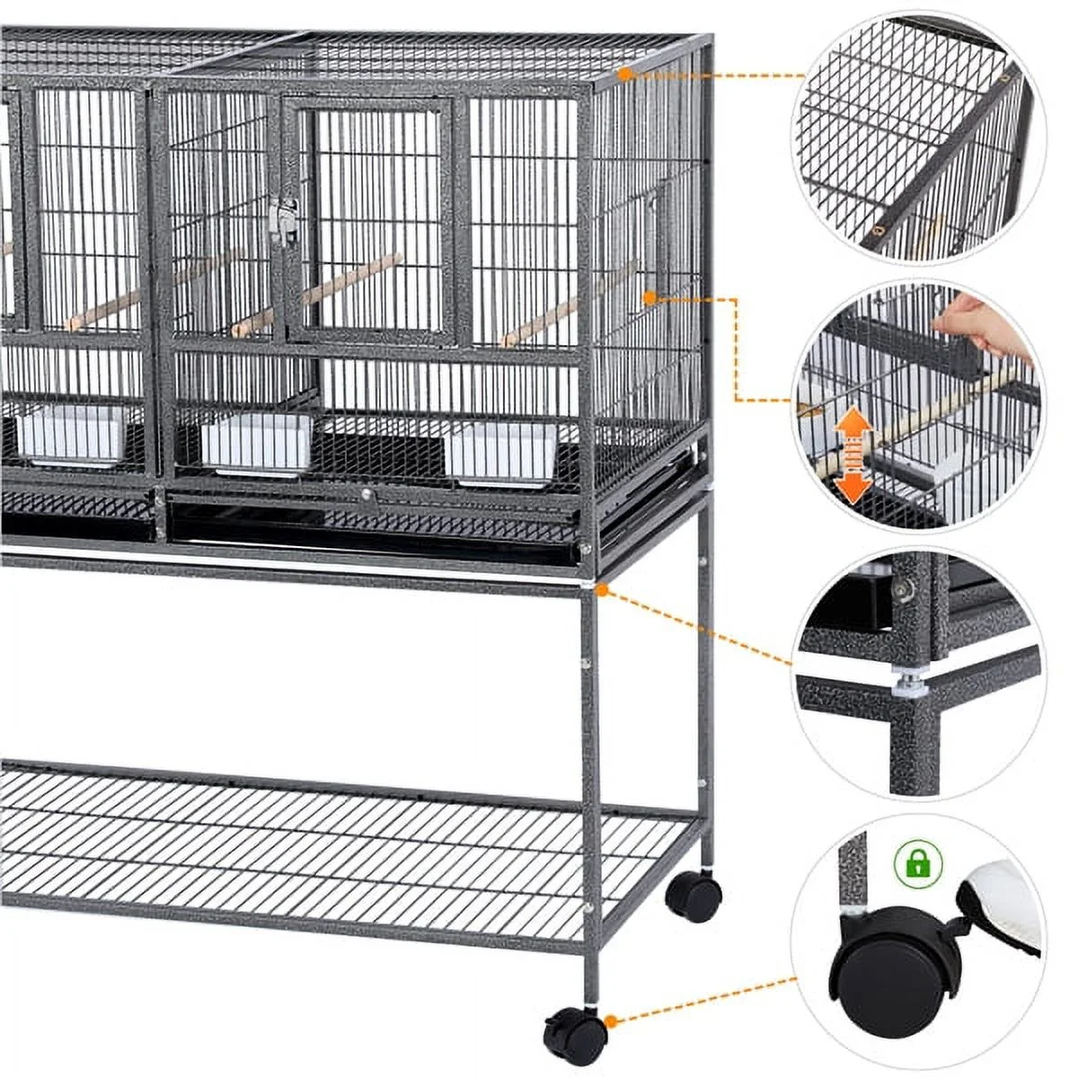 Alden Design Rolling Metal Divided Breeder Cage Stackable Wide bird cage with stand for Small Birds Lovebirds Finch Canaries Parakeets Cockatiels Budgies,Black