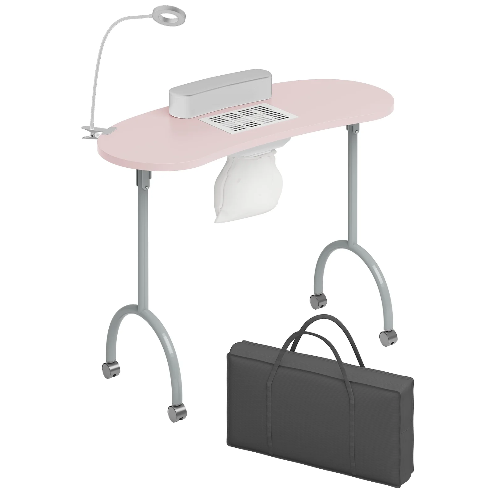 TABU Portable Folding Manicure Nail Table Station with Dust Collector Fan and Magnifying Glass Lamp,Pink