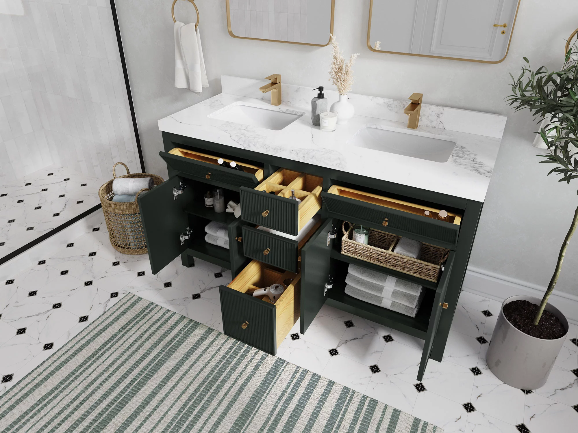 Sonoma 60 in W x 22 in D Free Standing Reeded Double Sink Bathroom Vanity in Dark Forest Green with Quartz or Marble Countertop | MODERN VANITY
