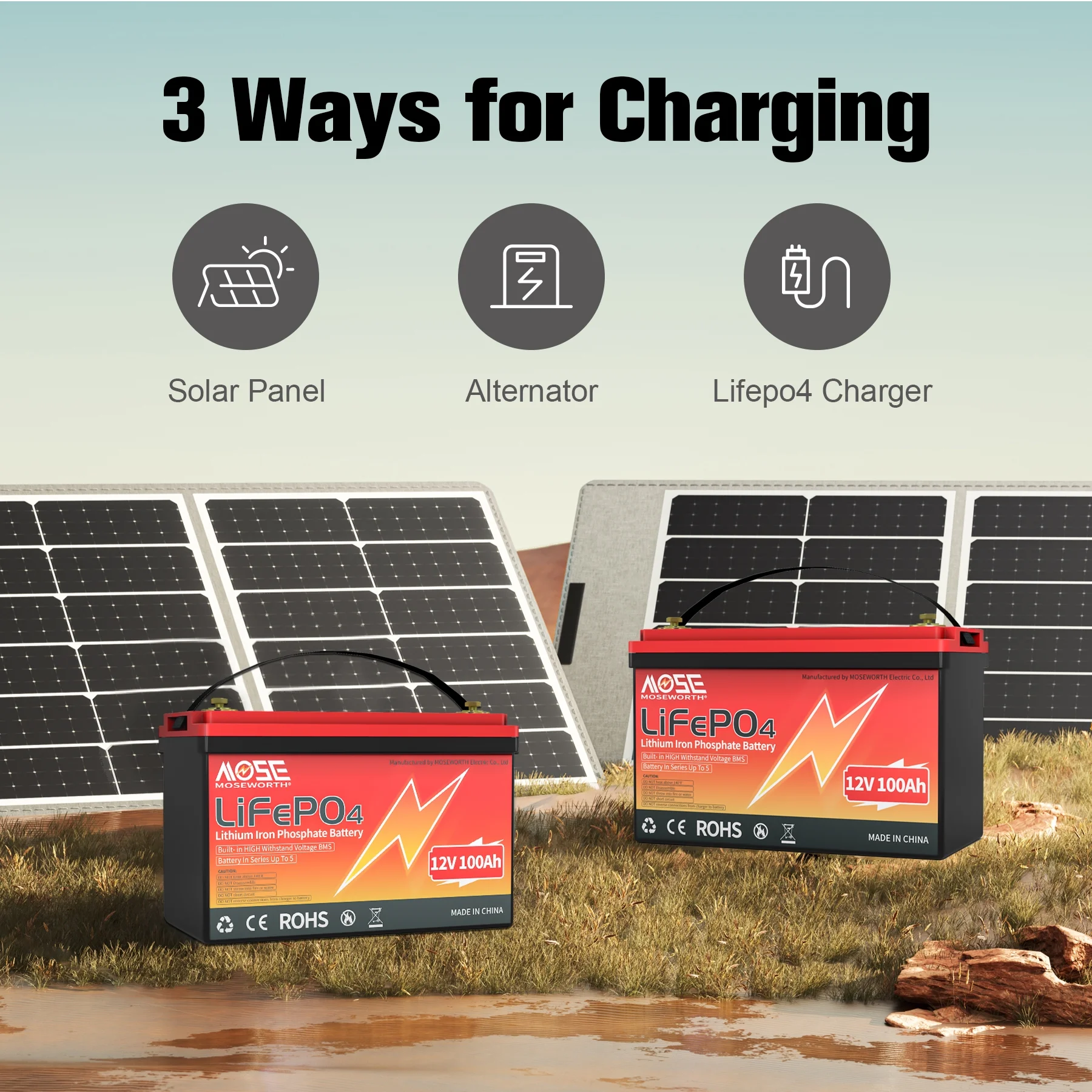 3PACK MOSEWORTH 12V 100Ah Lithium LiFePO4 Battery,15000 Deep Cycles for RV, Marine, Backup Power, Solar