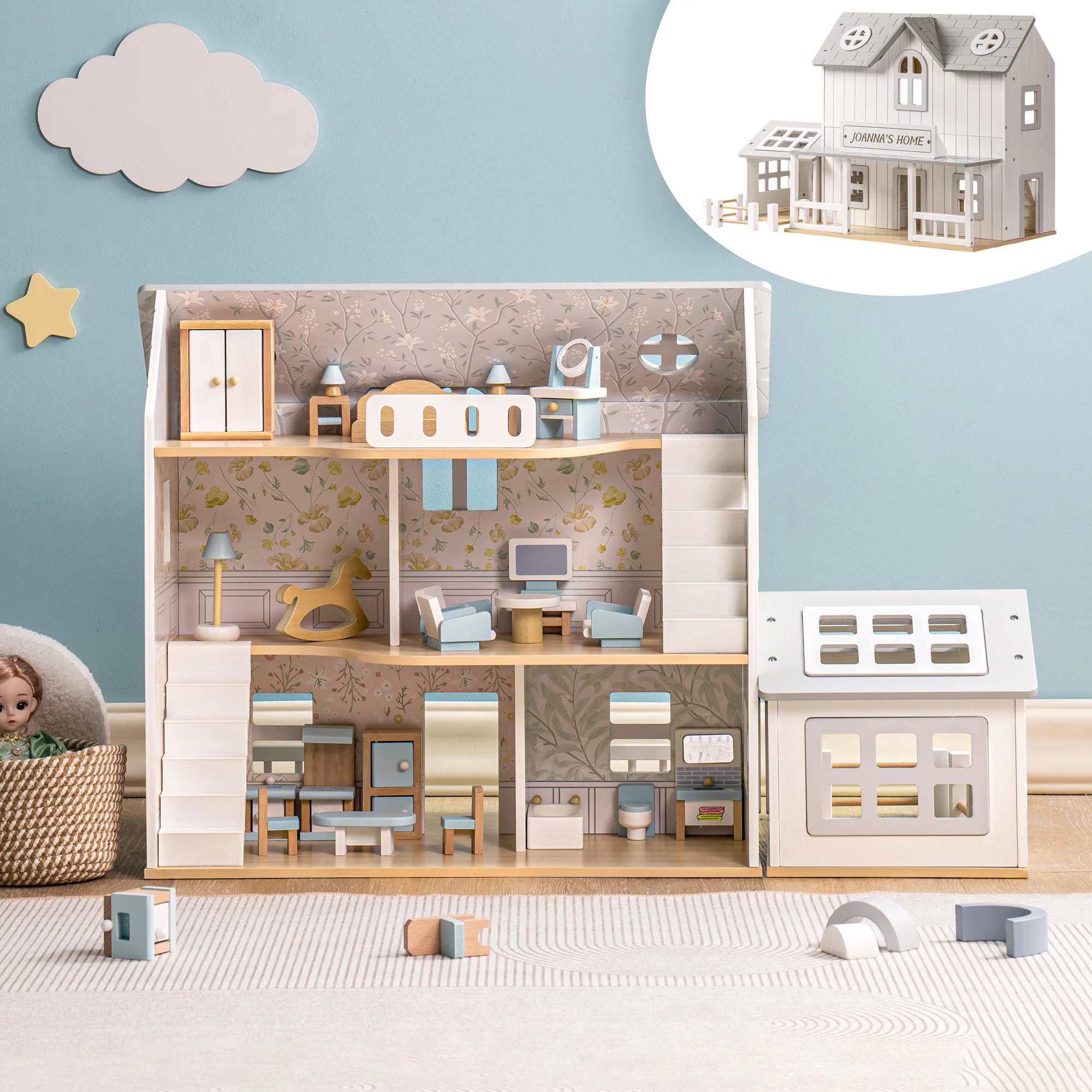 Robud Wooden Dollhouse Set with 25pcs Furniture,6-Room Doll Playhouse,Preschool Toy for Toddlers Kids Age 3+,Gray