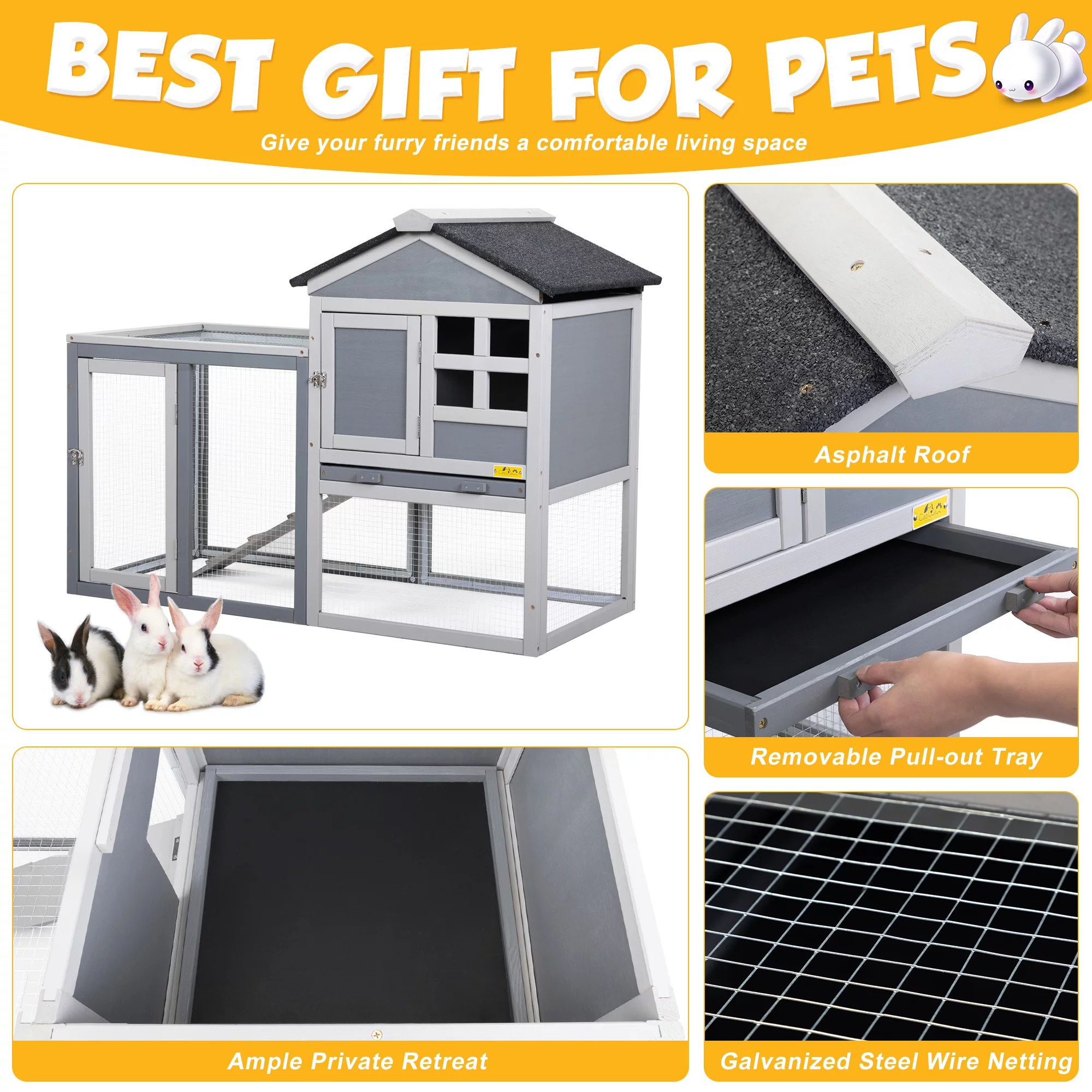 Coziwow Wooden Rabbit Hutch Small Animal Cage Guinea Pig Coop W/ Openable Roof, Gray