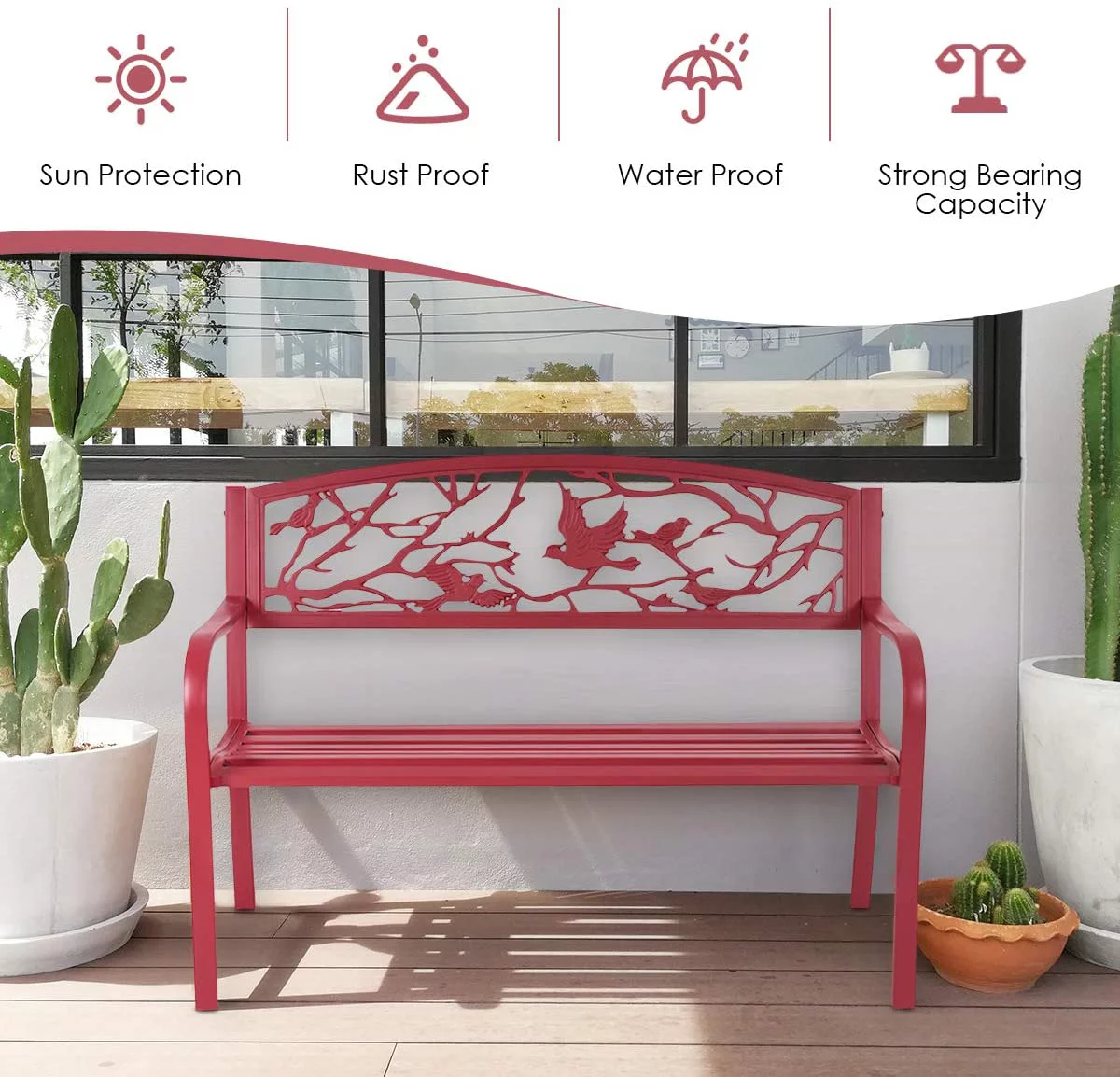 Patio Garden Bench Park Yard Outdoor Furniture Cast Iron Porch Chair (Red)