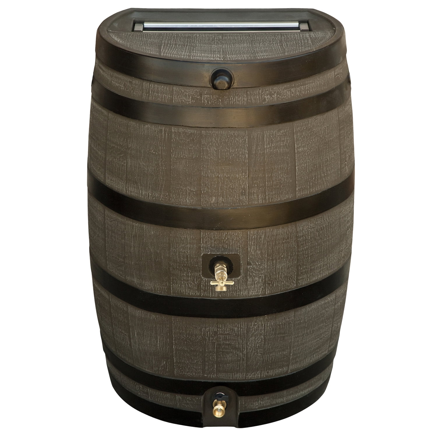RTS Home Accents Polyethylene 50 Gallon Flat Back Dual Brass Spigot Rain Barrel, Woodgrain with Black Stripes Color